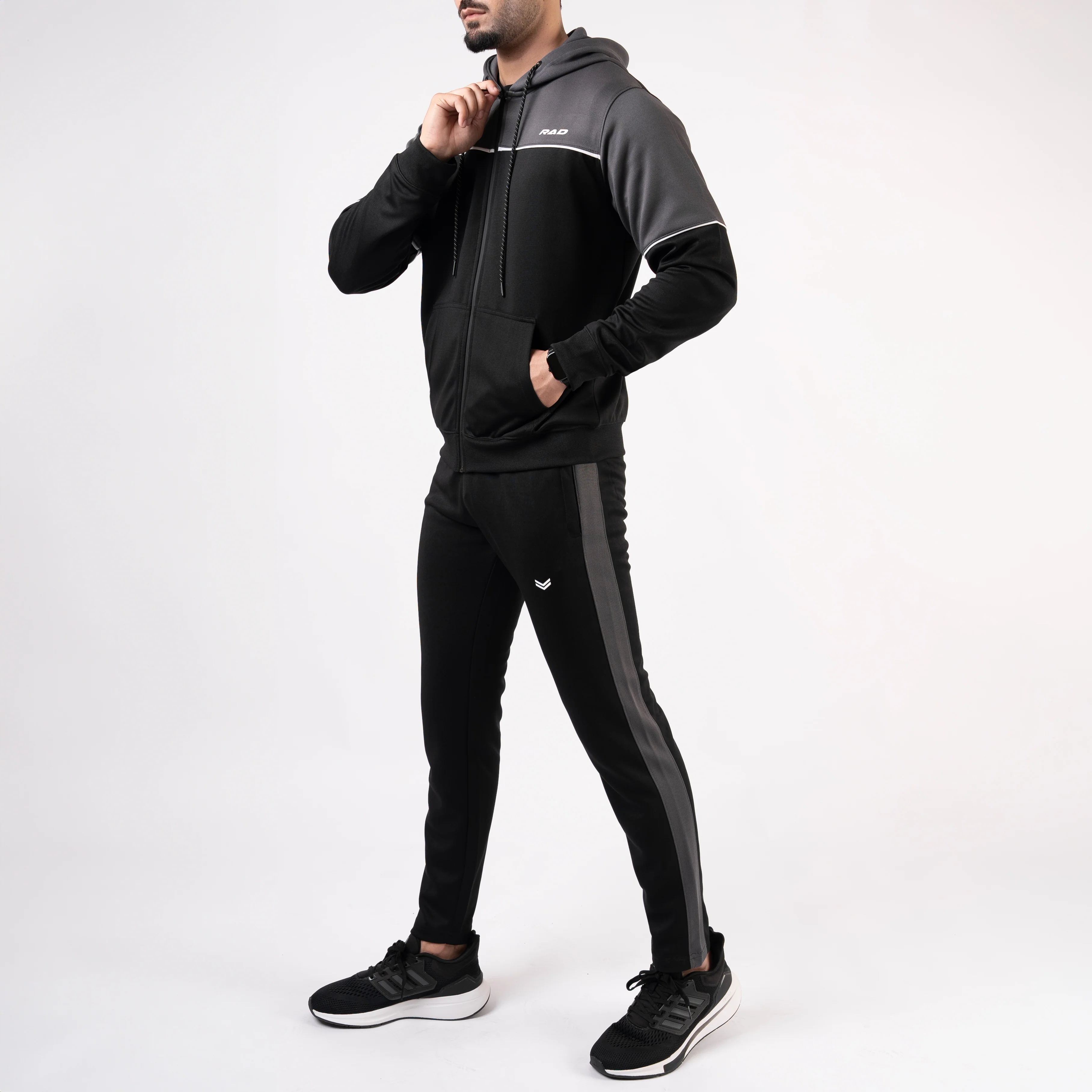 Black Hooded Tracksuit with Gray Top Panels & White Piping - Image 3