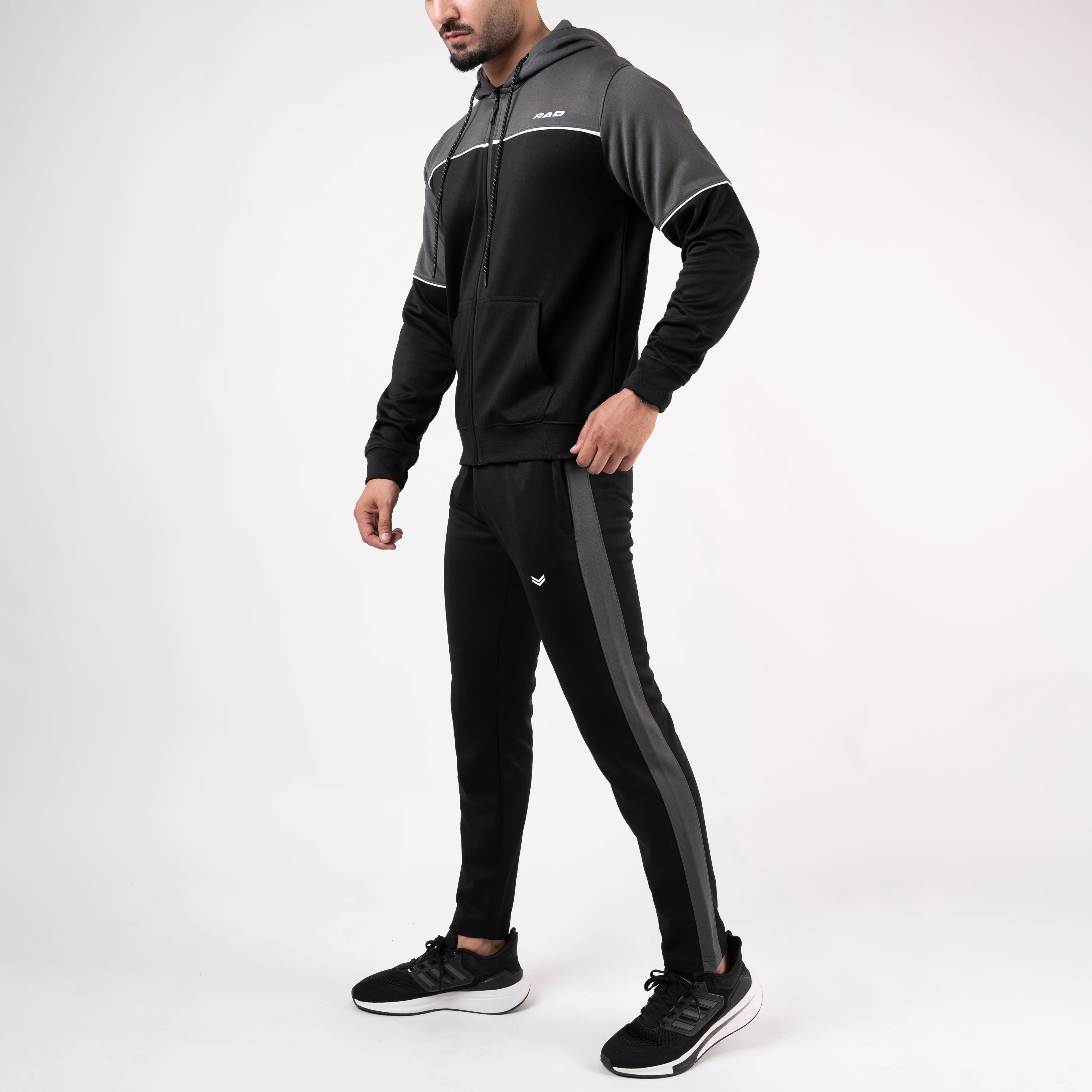 Black Hooded Tracksuit with Gray Top Panels & White Piping - Image 4