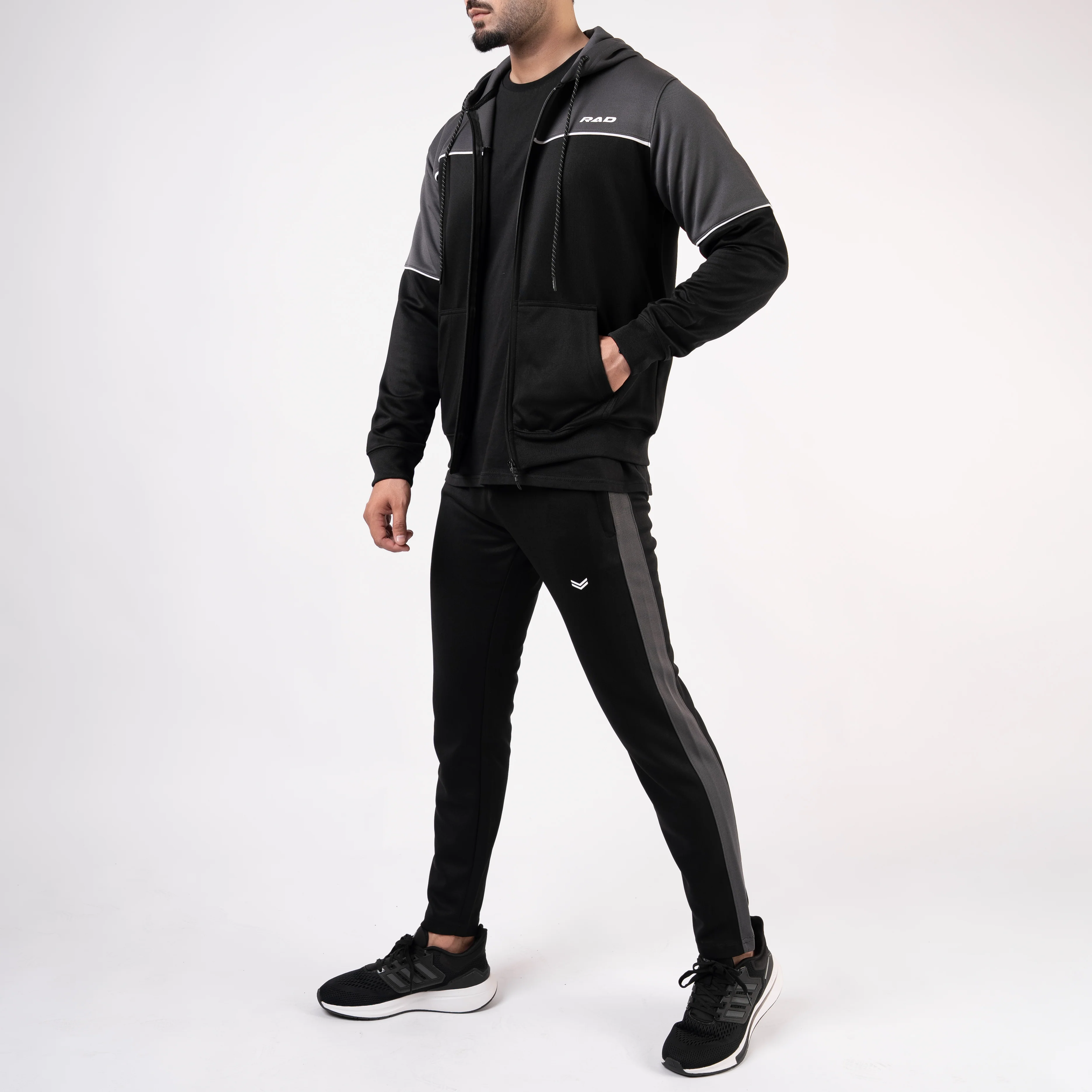 Black Hooded Tracksuit with Gray Top Panels & White Piping - Image 5