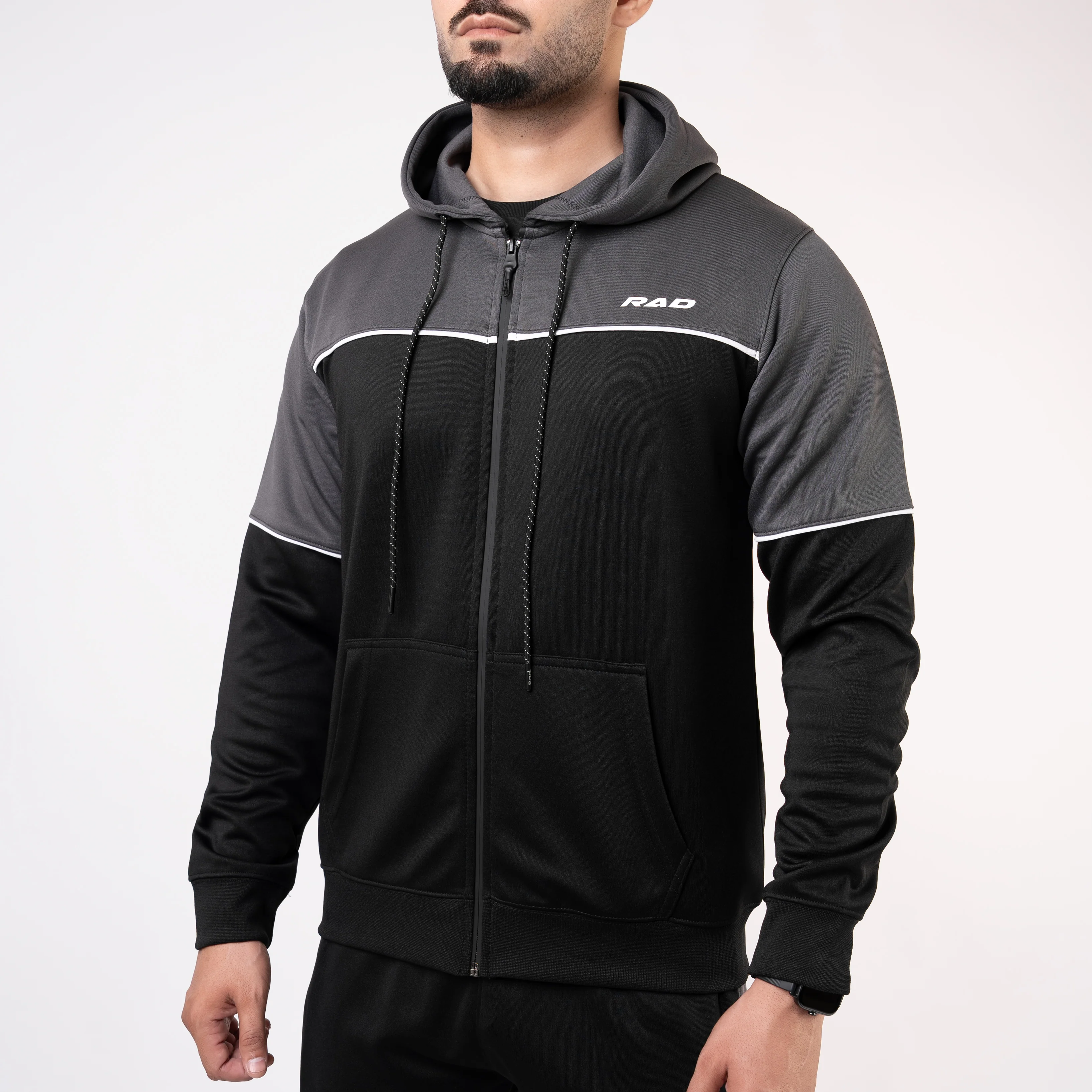 Black Hooded Tracksuit with Gray Top Panels & White Piping - Image 6