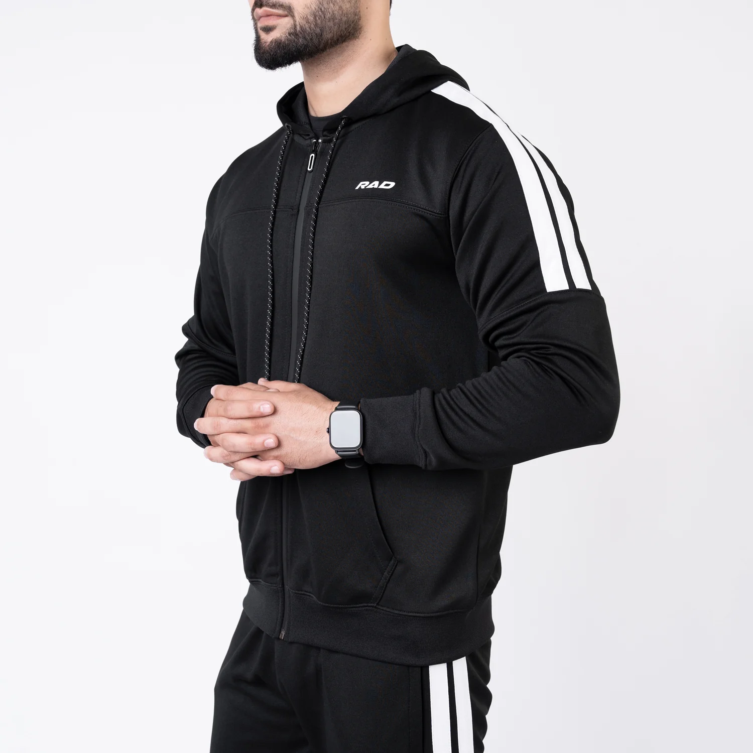 Black Hooded Tracksuit with Paneled Two Bold Stripes - Image 3