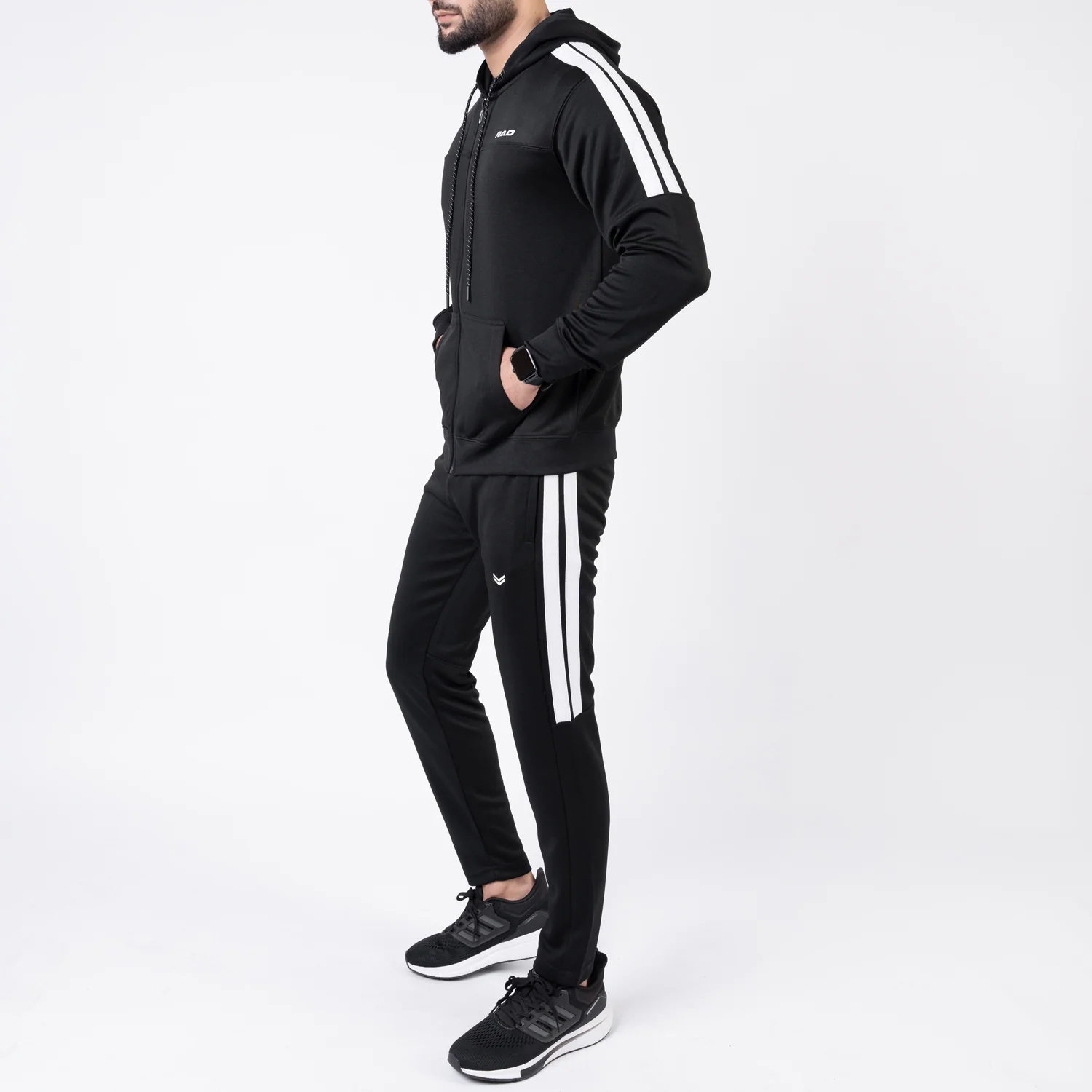 Black Hooded Tracksuit with Paneled Two Bold Stripes - Image 4