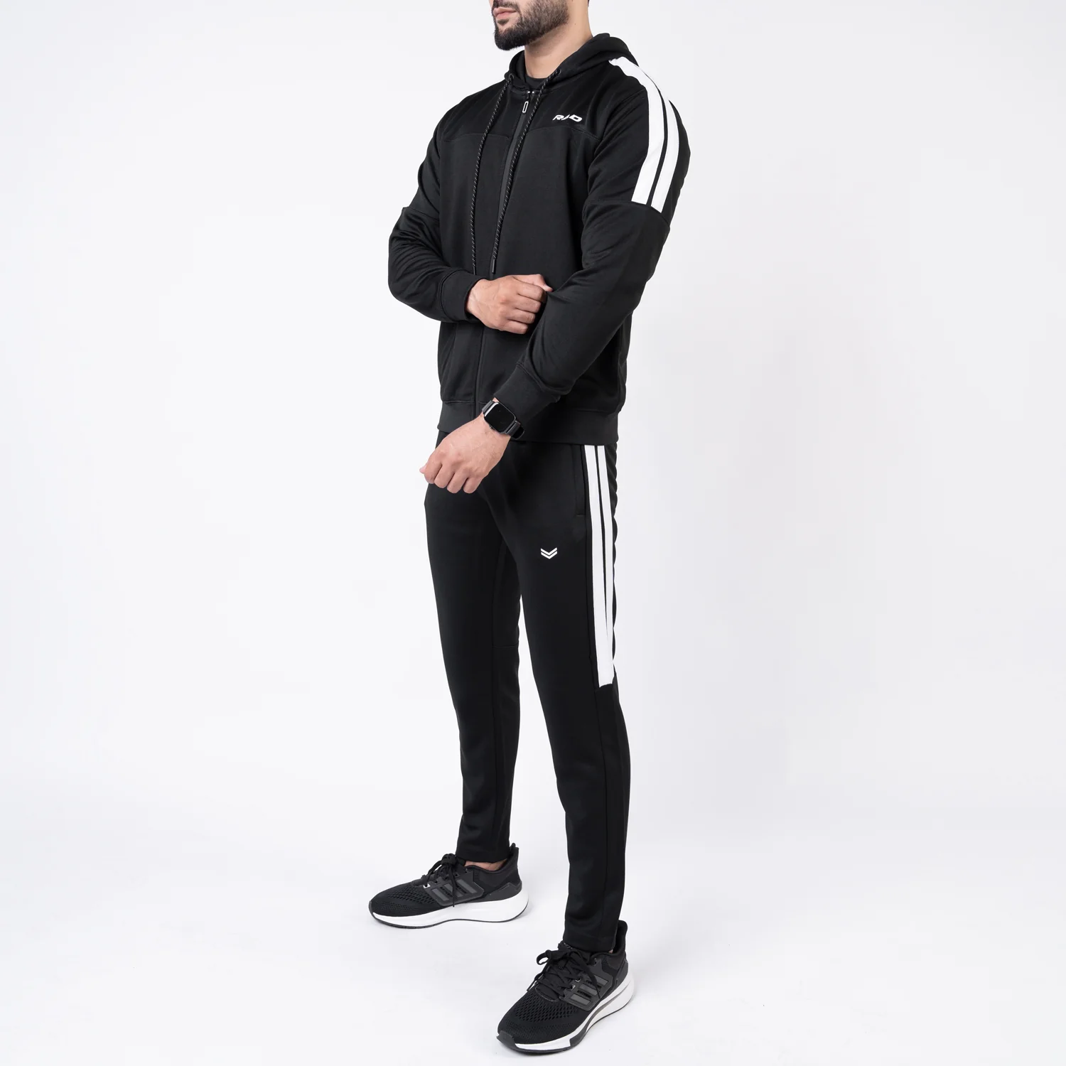 Black Hooded Tracksuit with Paneled Two Bold Stripes - Image 5