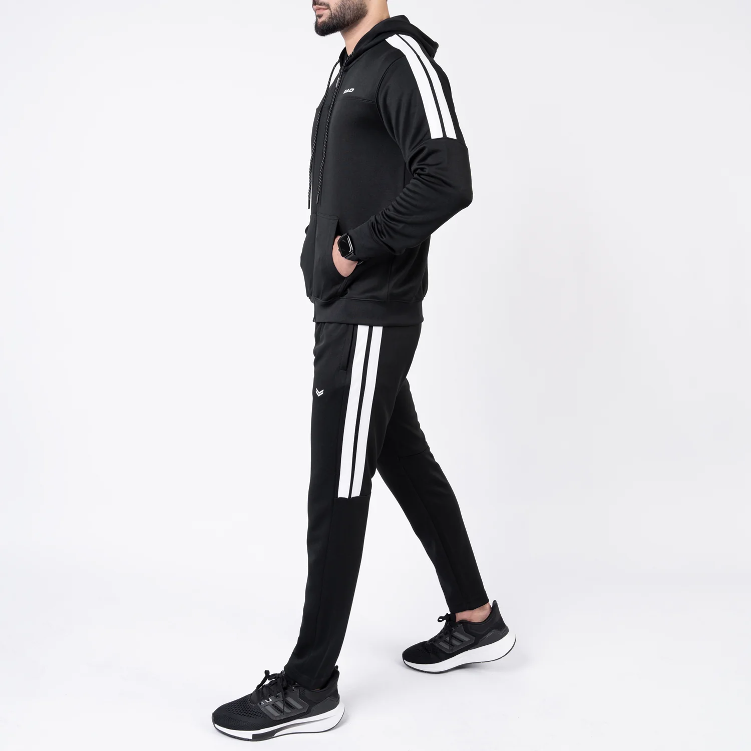 Black Hooded Tracksuit with Paneled Two Bold Stripes - Image 6