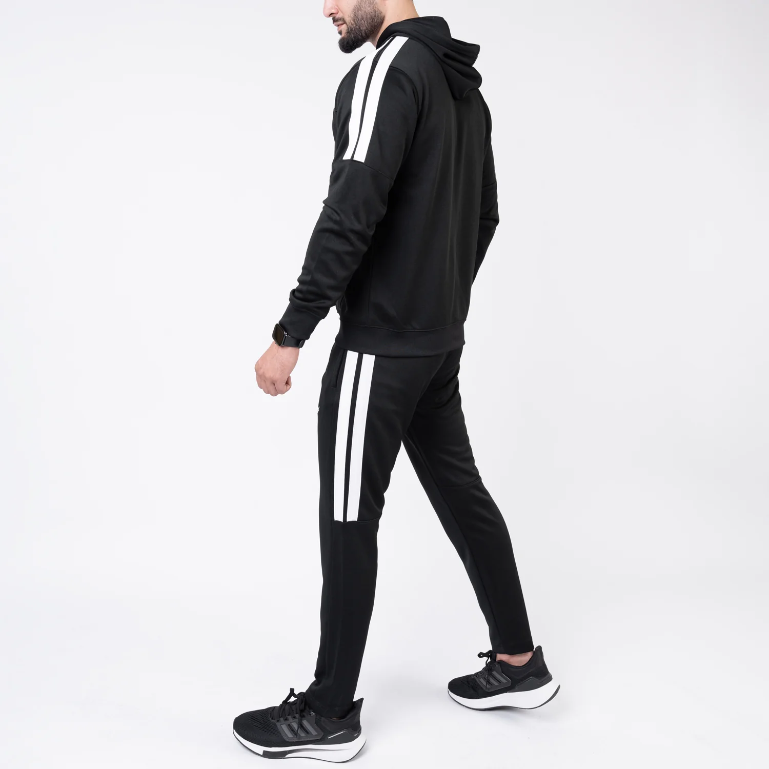 Black Hooded Tracksuit with Paneled Two Bold Stripes - Image 7