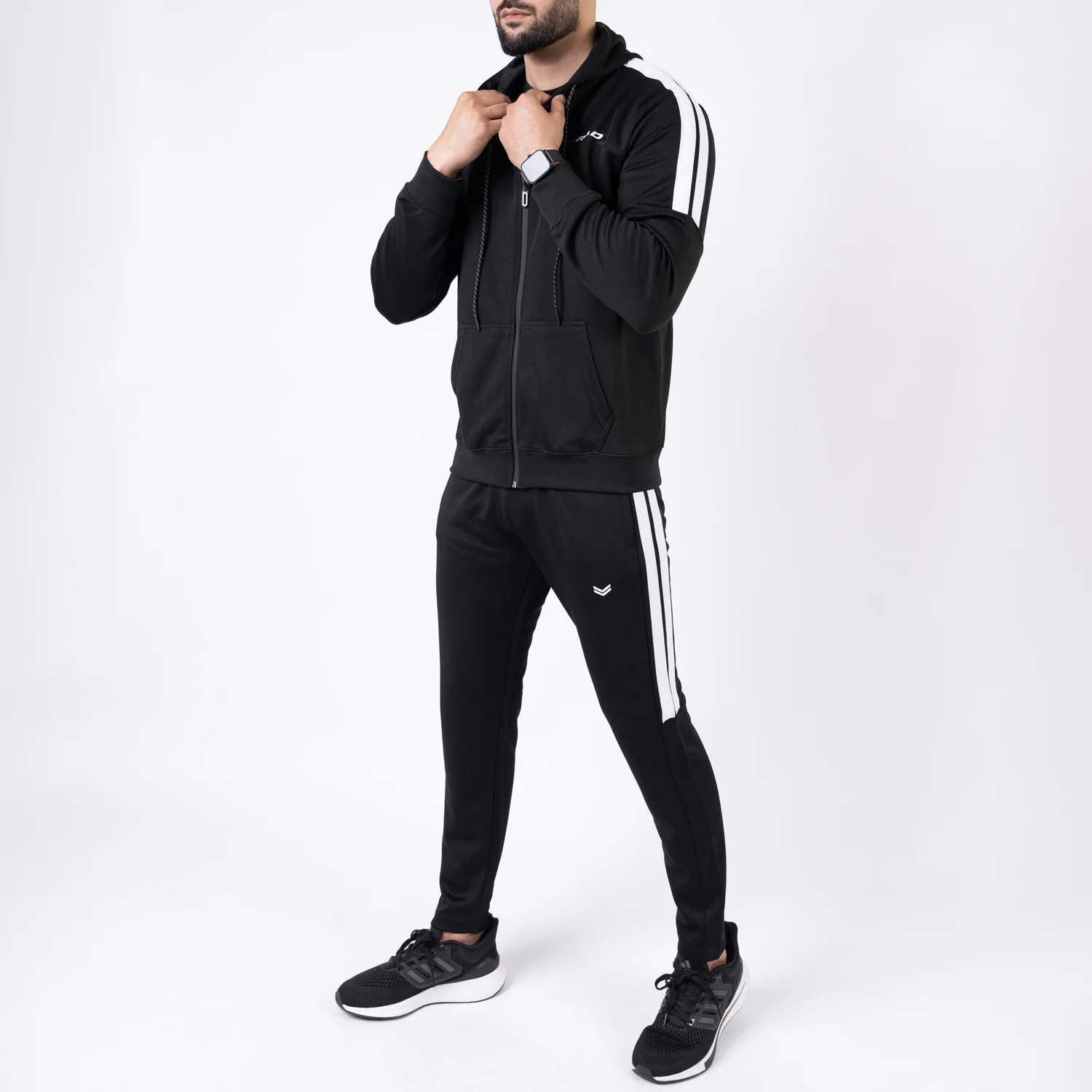 Black Hooded Tracksuit with Paneled Two Bold Stripes - Image 8