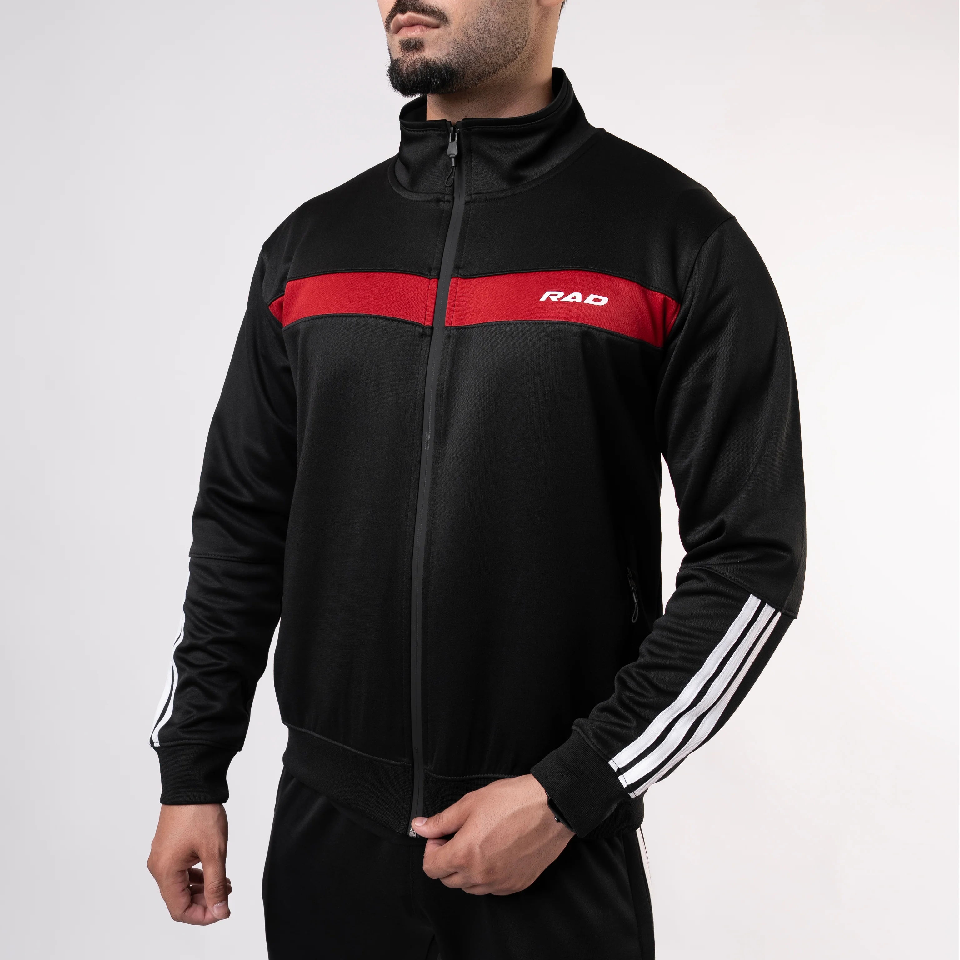 Black Mock-Neck Tracksuit with 3 Stripes & Red Panels - Image 3