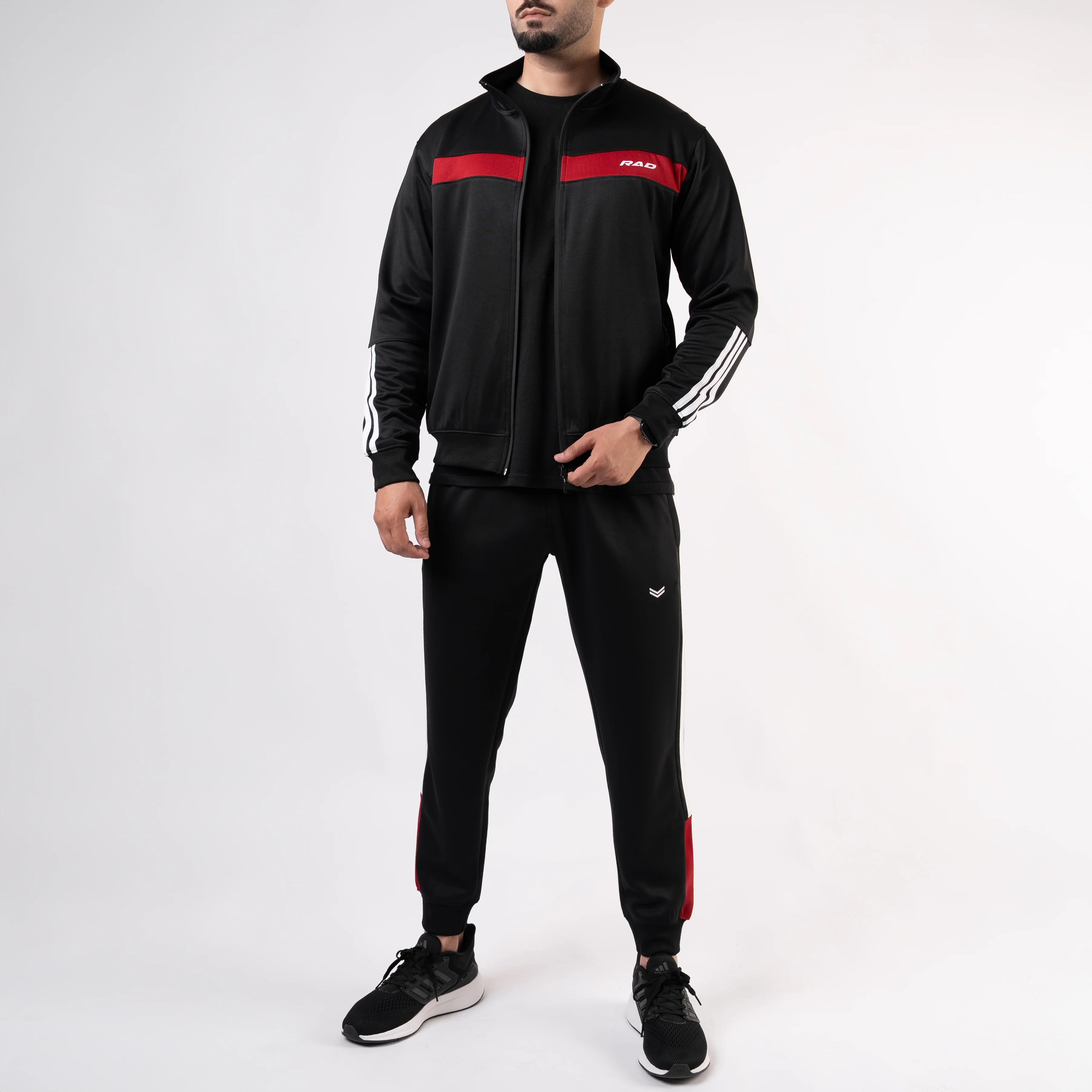 Black Mock-Neck Tracksuit with 3 Stripes & Red Panels - Image 4