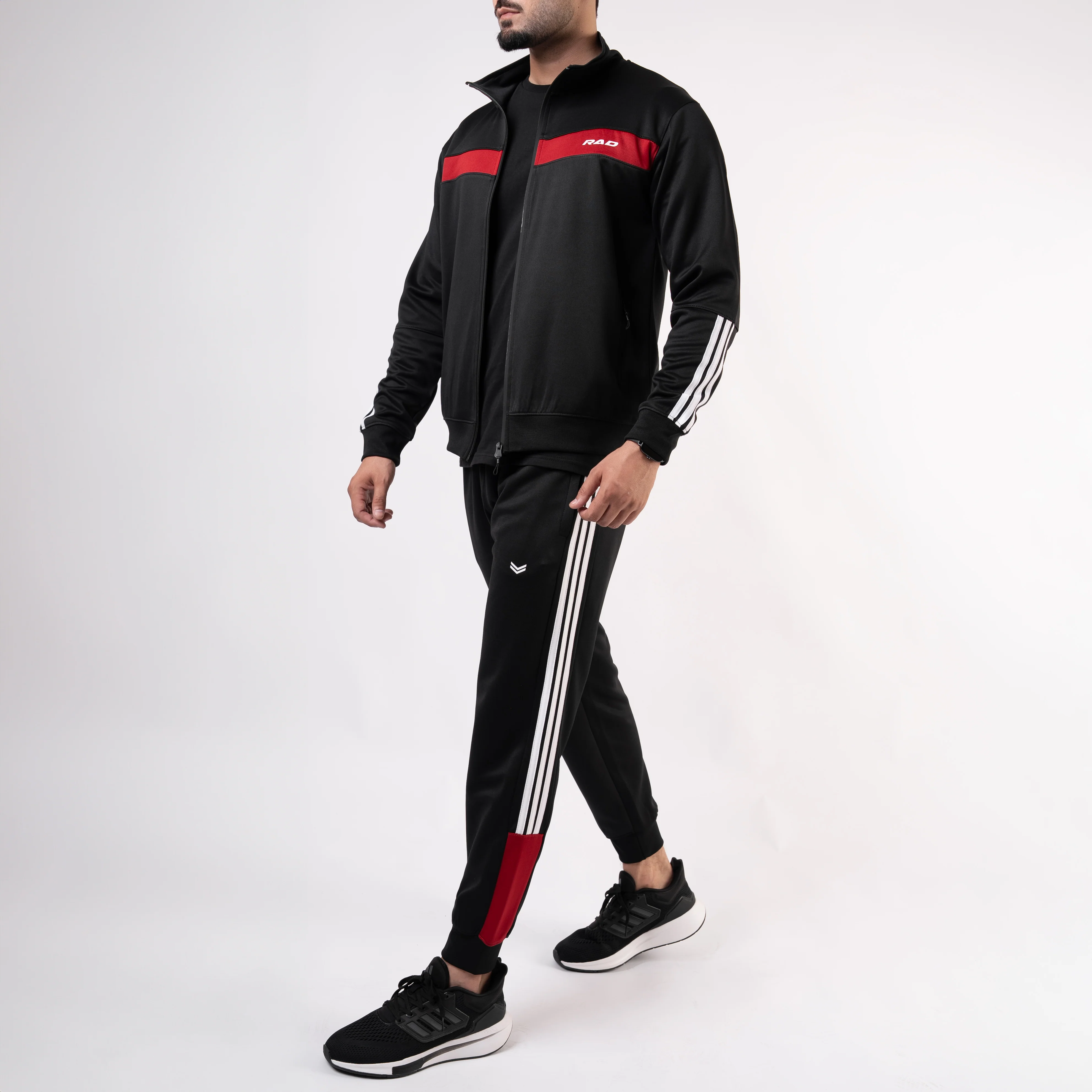 Black Mock-Neck Tracksuit with 3 Stripes & Red Panels - Image 5