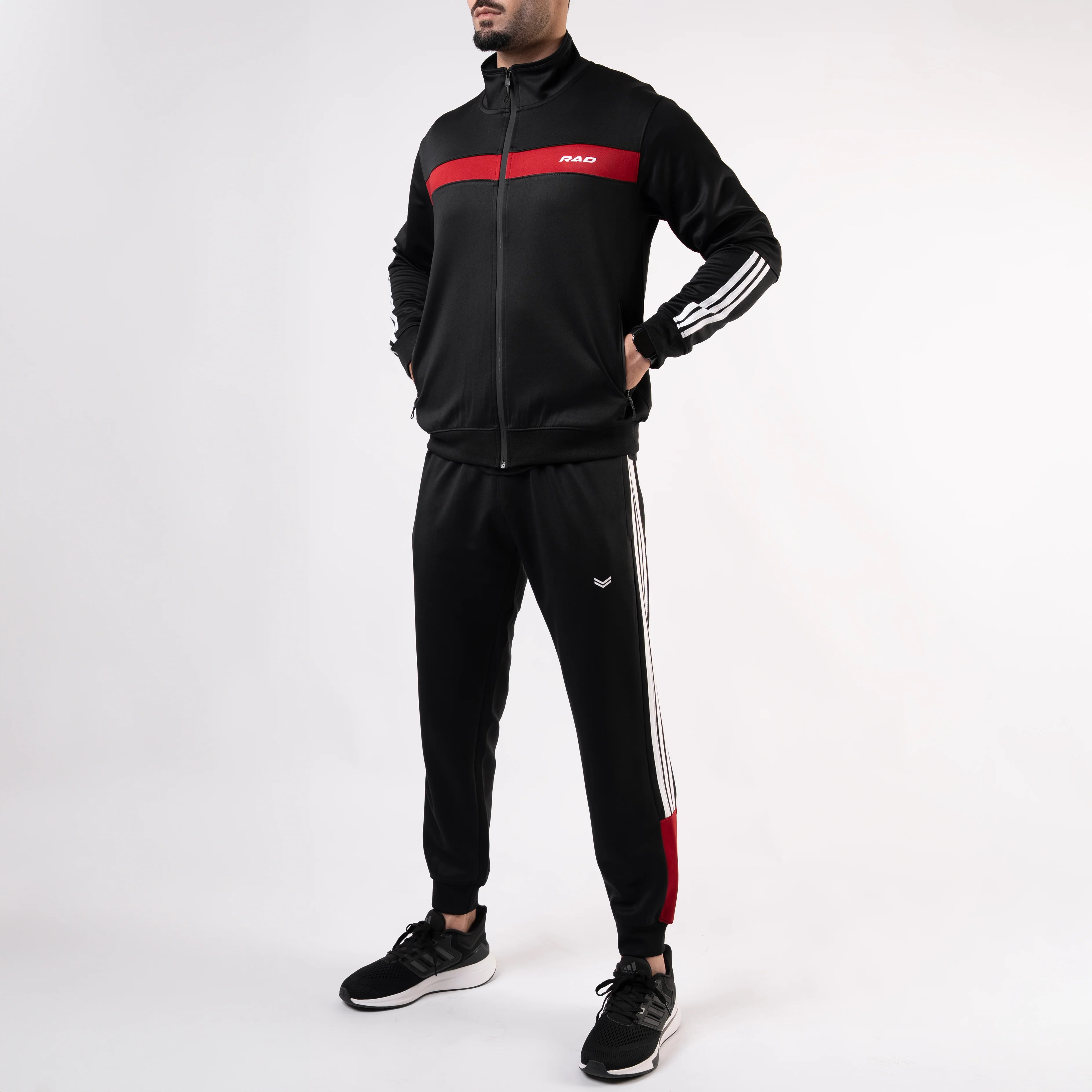 Black Mock-Neck Tracksuit with 3 Stripes & Red Panels - Image 6