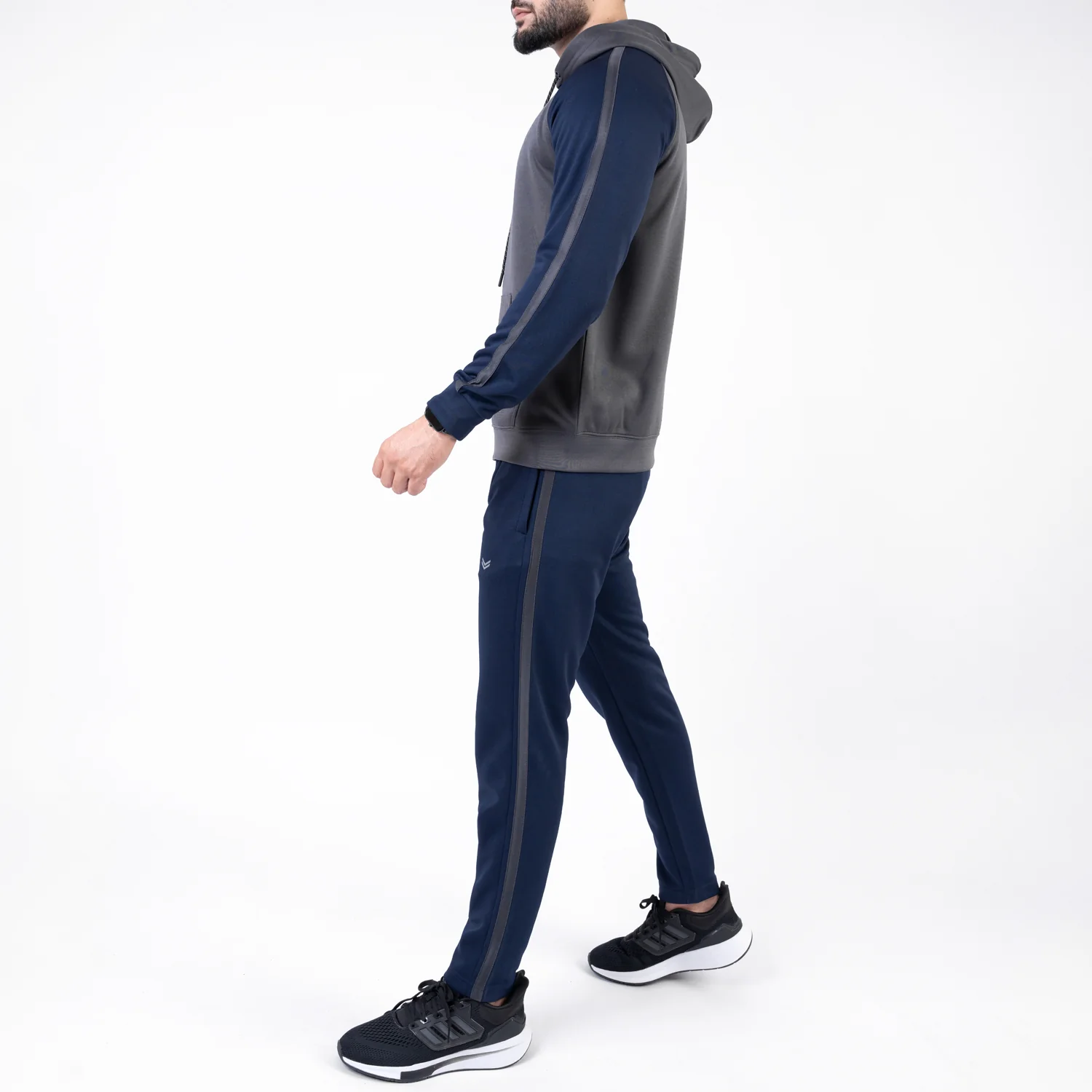 Gray & Navy Hooded Raglan Sleeves Tracksuit with One Stripe - Image 3