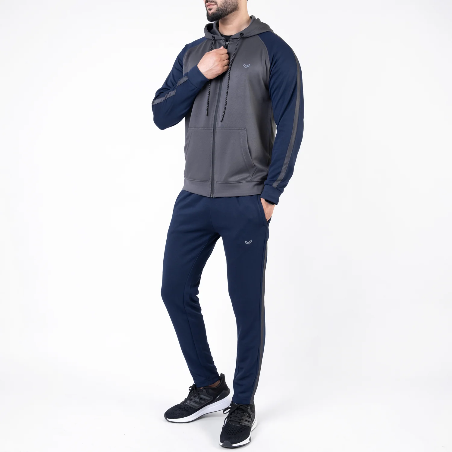 Gray & Navy Hooded Raglan Sleeves Tracksuit with One Stripe - Image 4