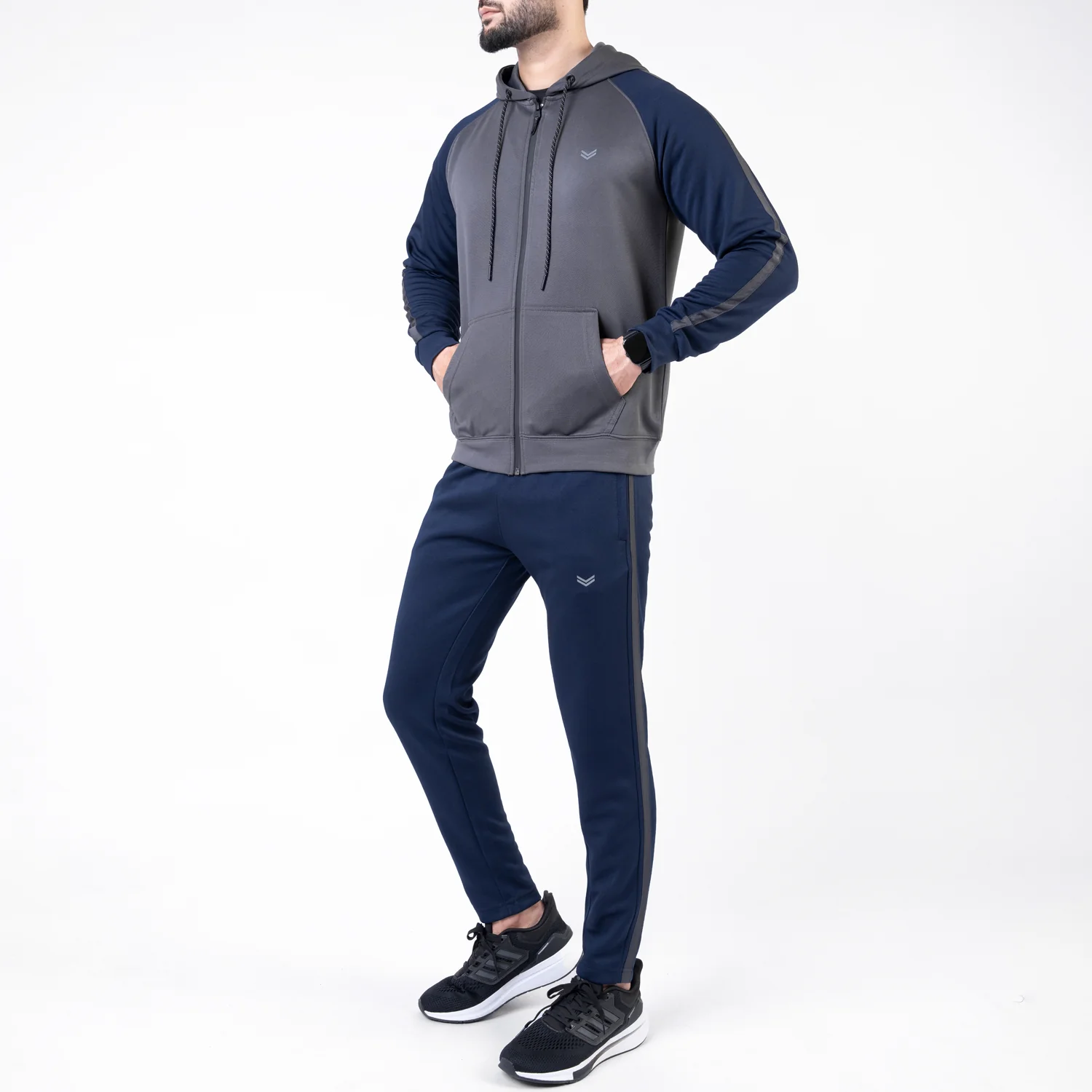 Gray & Navy Hooded Raglan Sleeves Tracksuit with One Stripe - Image 5