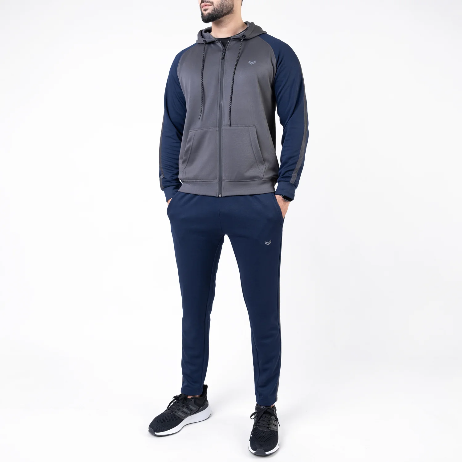 Gray & Navy Hooded Raglan Sleeves Tracksuit with One Stripe - Image 6