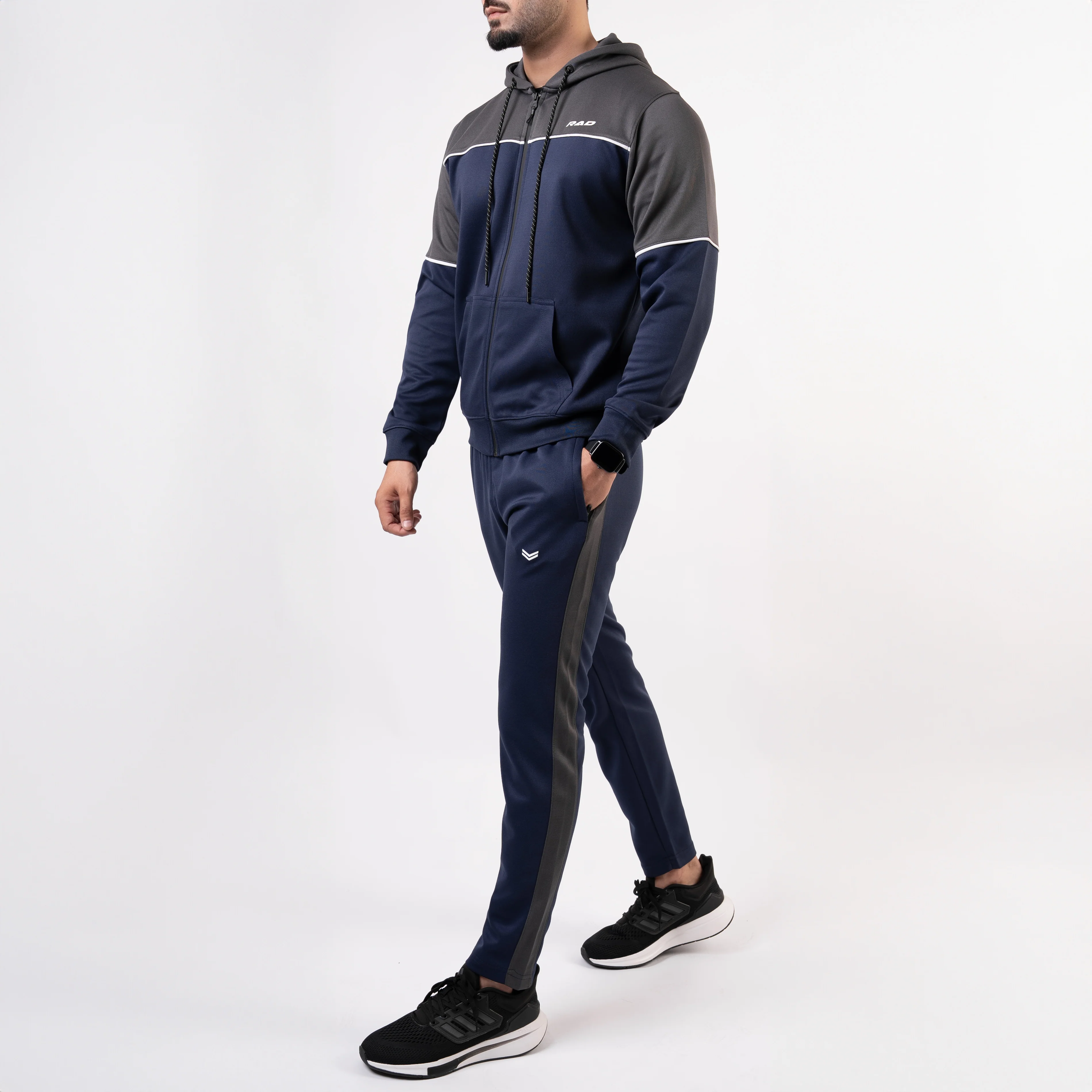 Navy Hooded Tracksuit with Gray Top Panels & White Piping - Image 3