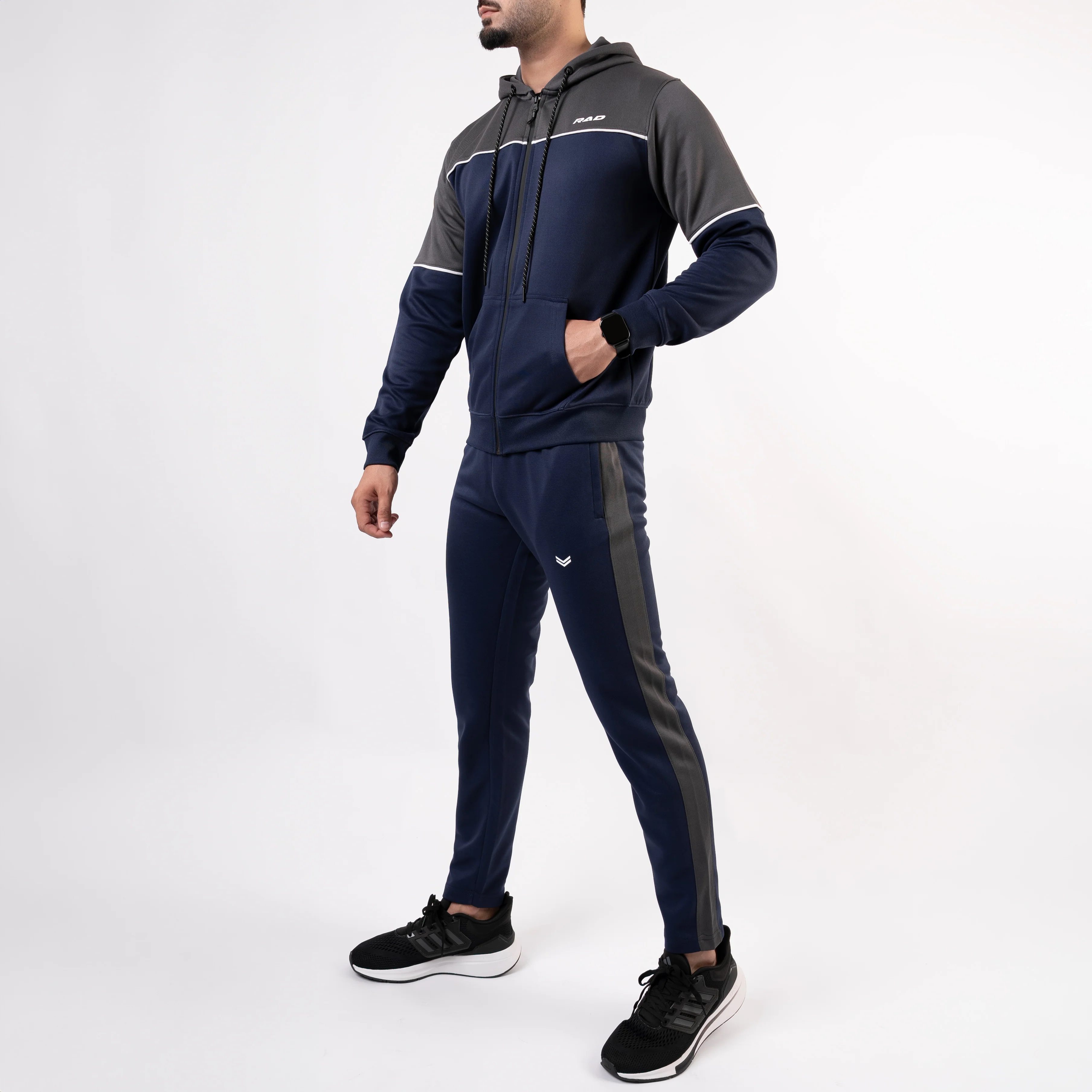 Navy Hooded Tracksuit with Gray Top Panels & White Piping - Image 4