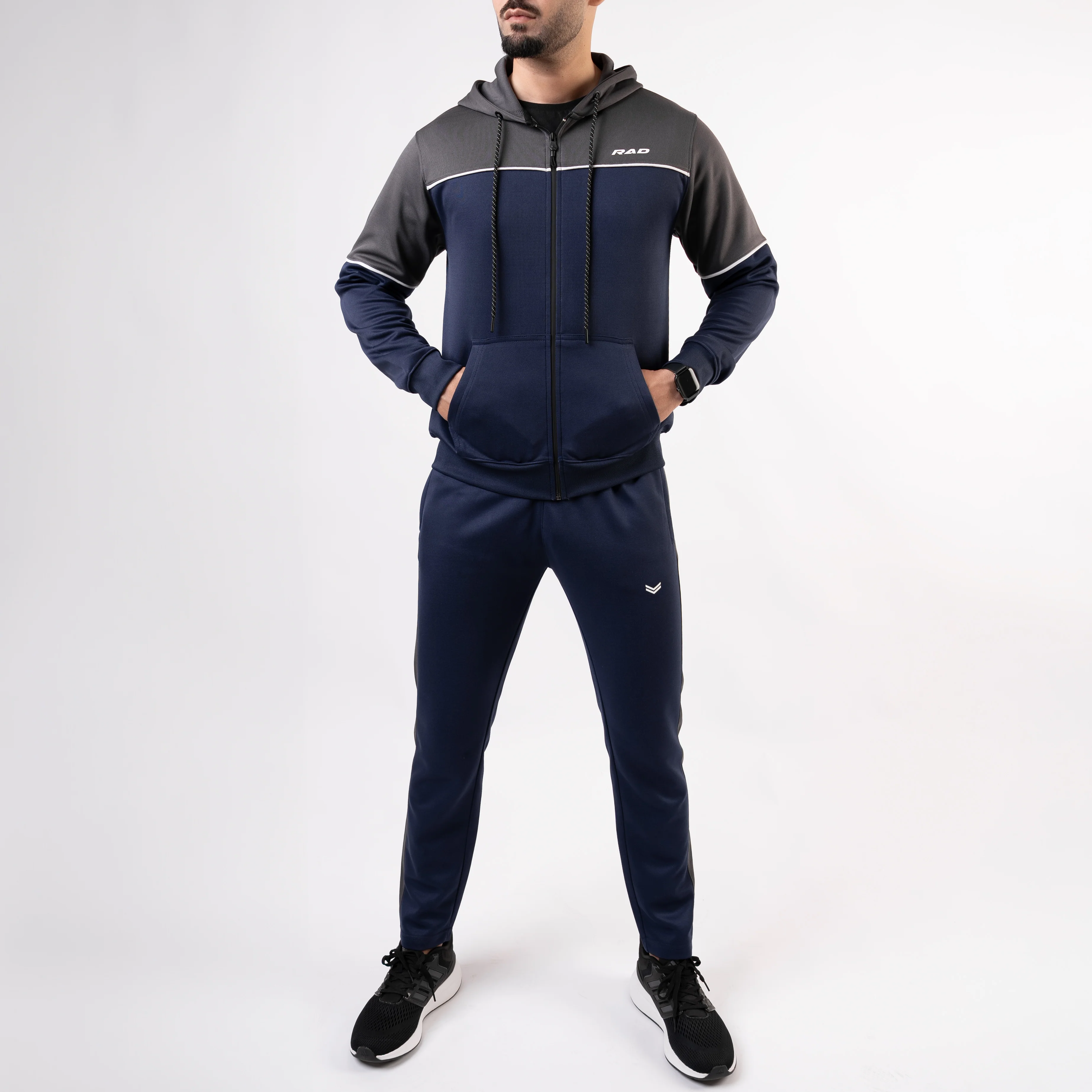 Navy Hooded Tracksuit with Gray Top Panels & White Piping - Image 5