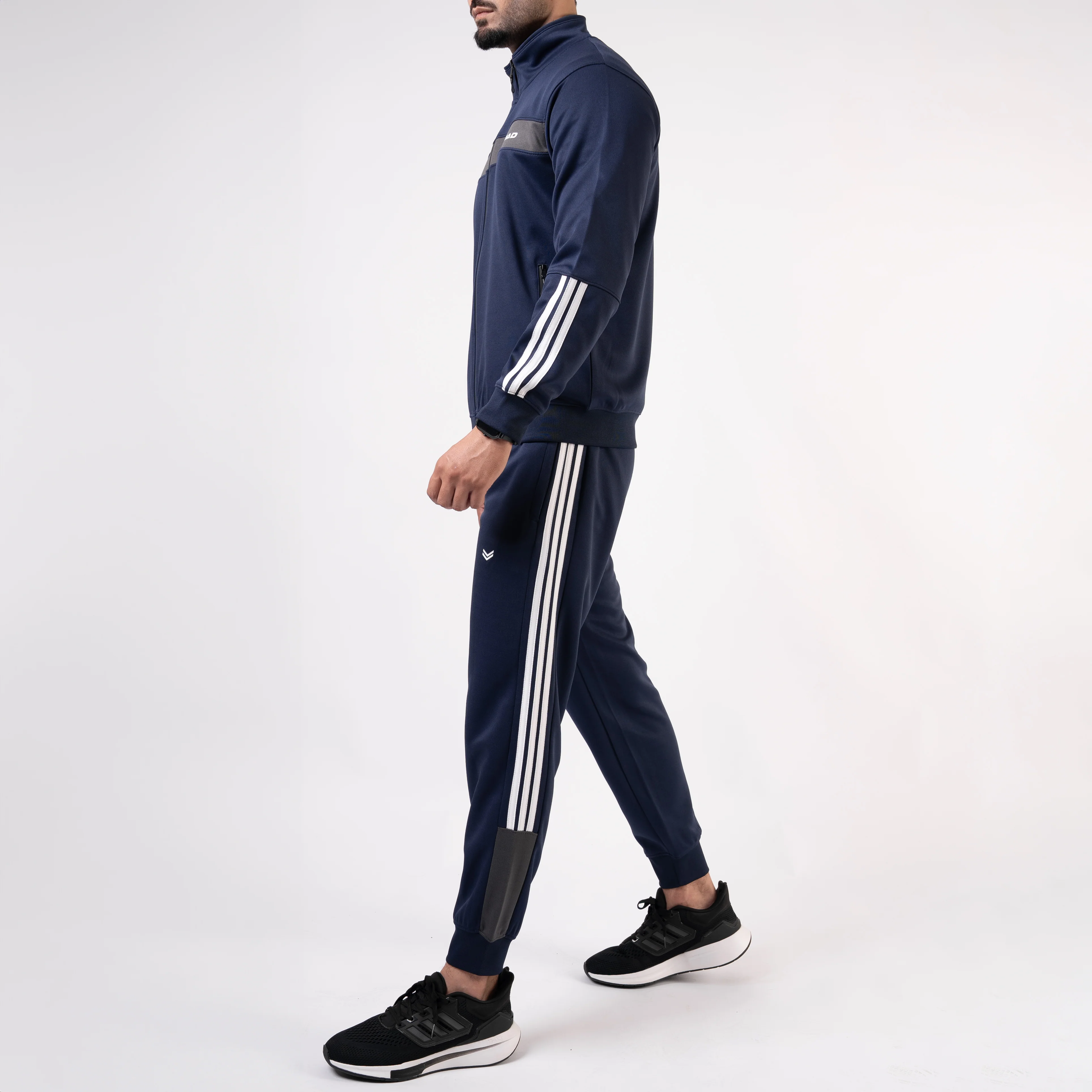 Navy Mock-Neck Tracksuit with 3 Stripes & Gray Panels - Image 3