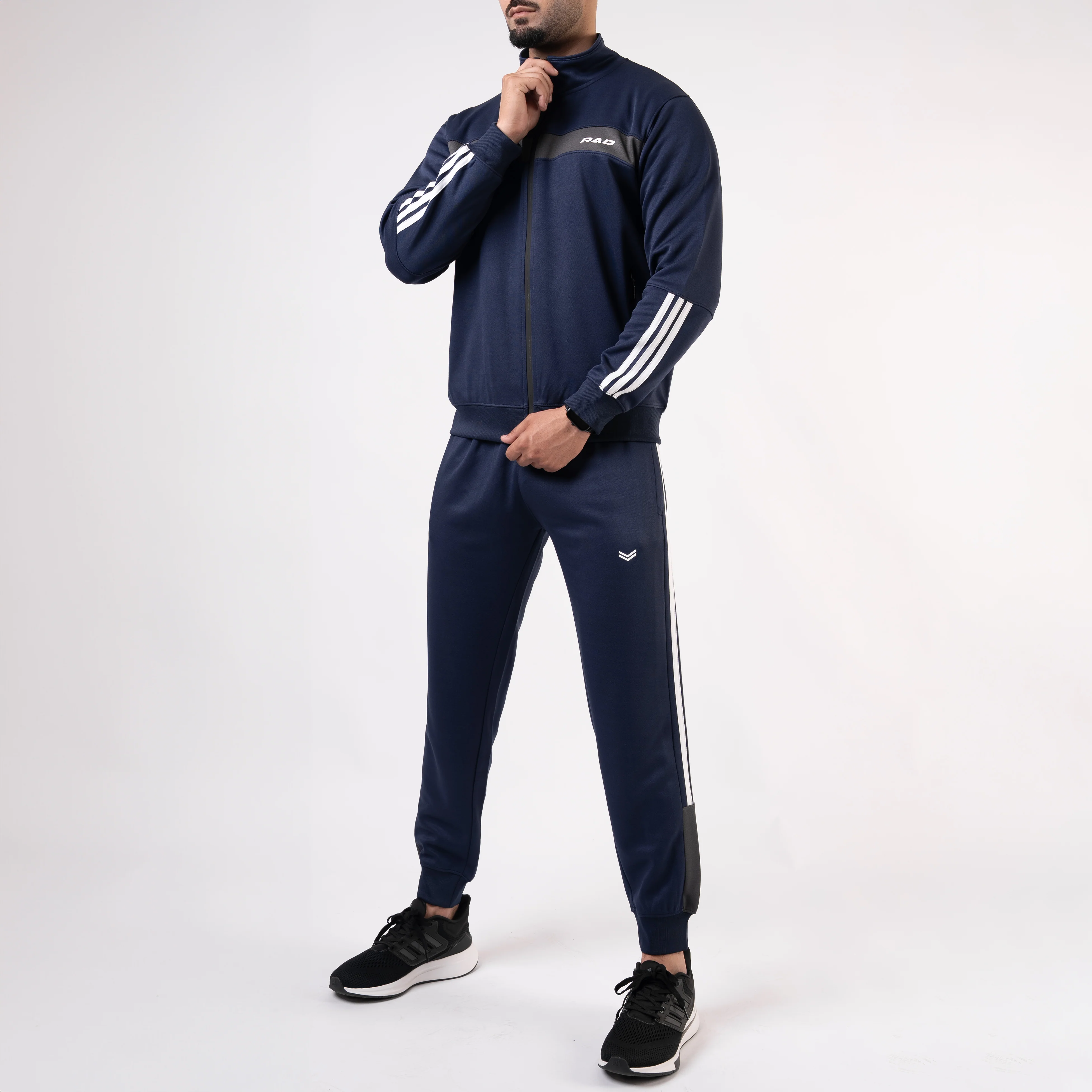 Navy Mock-Neck Tracksuit with 3 Stripes & Gray Panels - Image 4