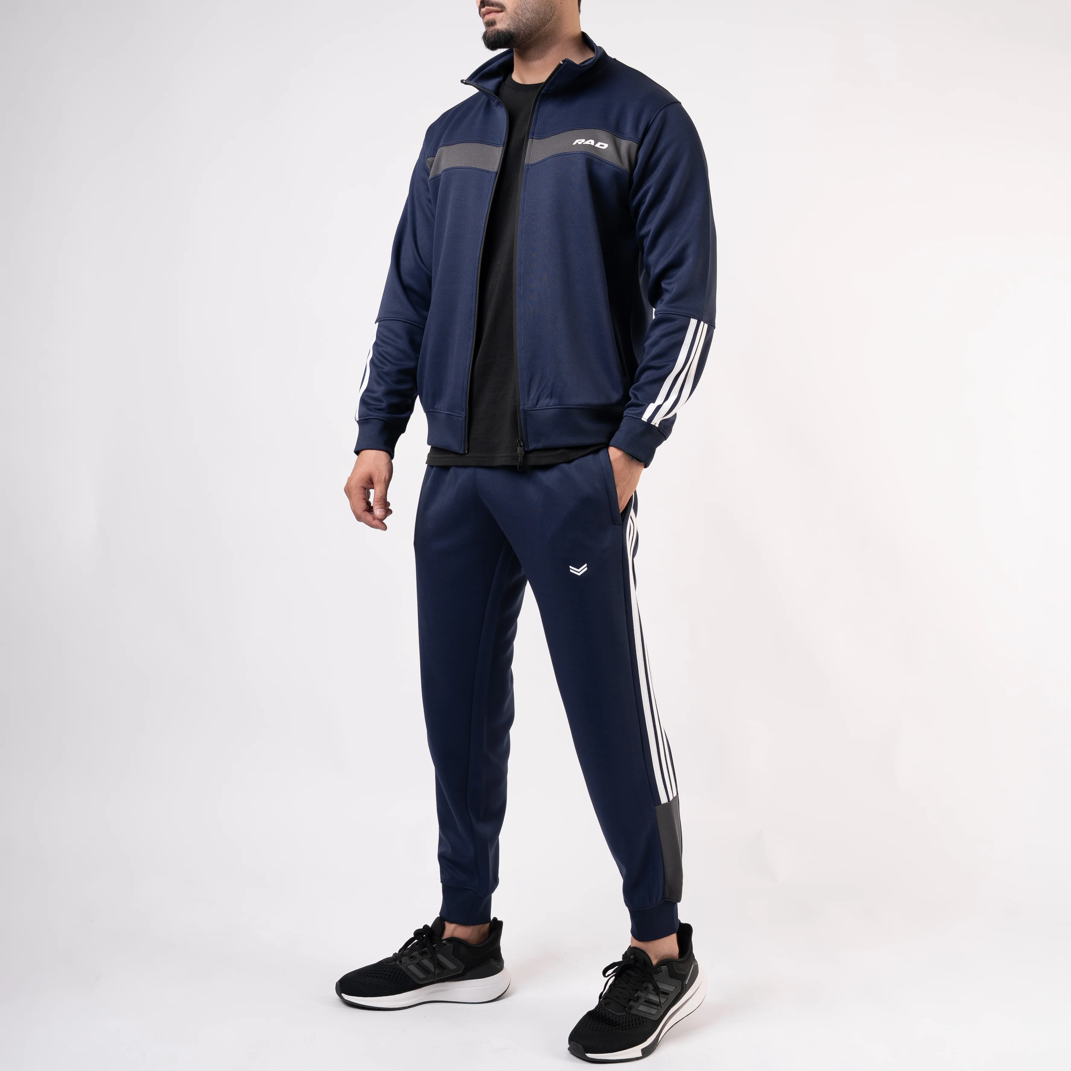 Navy Mock-Neck Tracksuit with 3 Stripes & Gray Panels - Image 5