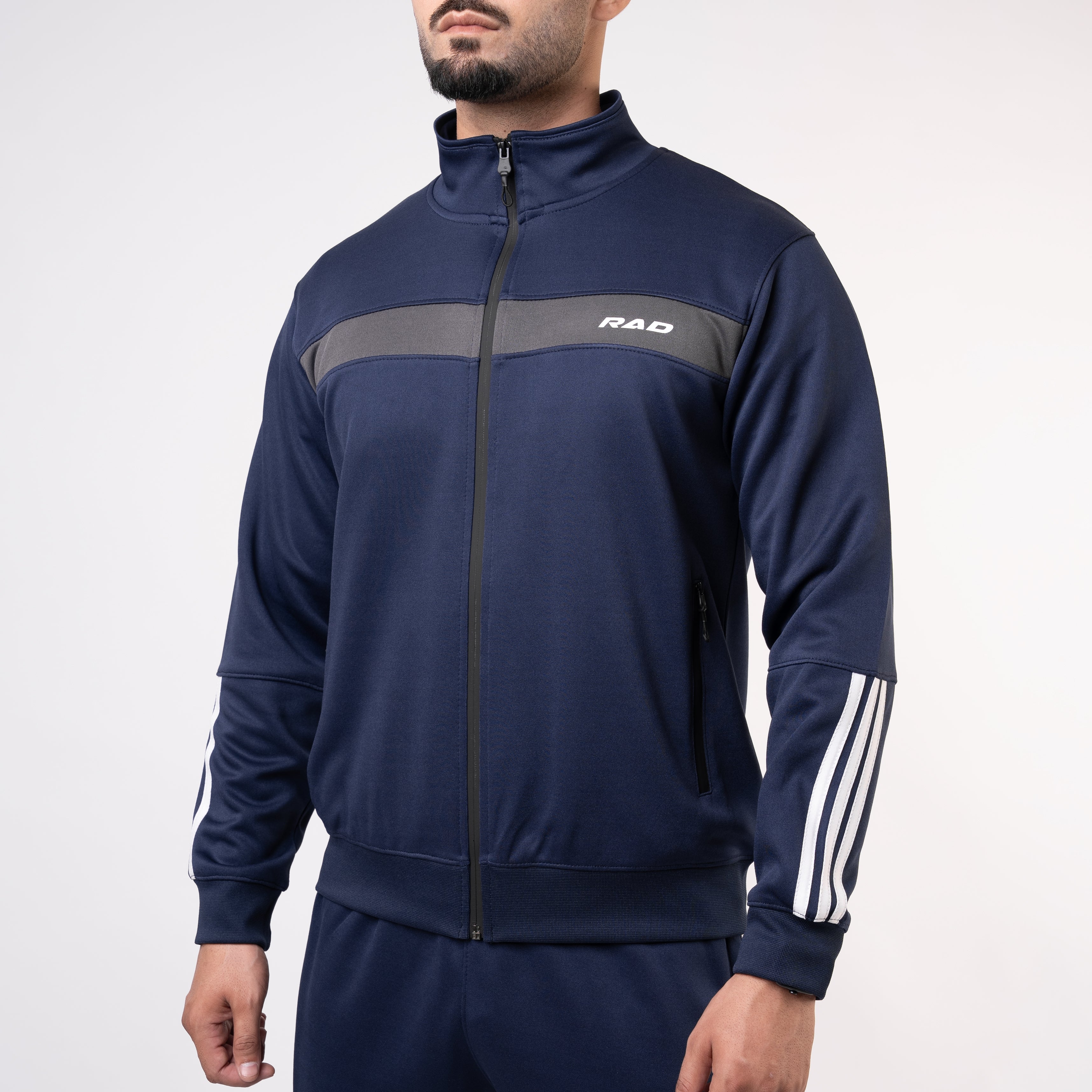 Navy Mock-Neck Tracksuit with 3 Stripes & Gray Panels - Image 6