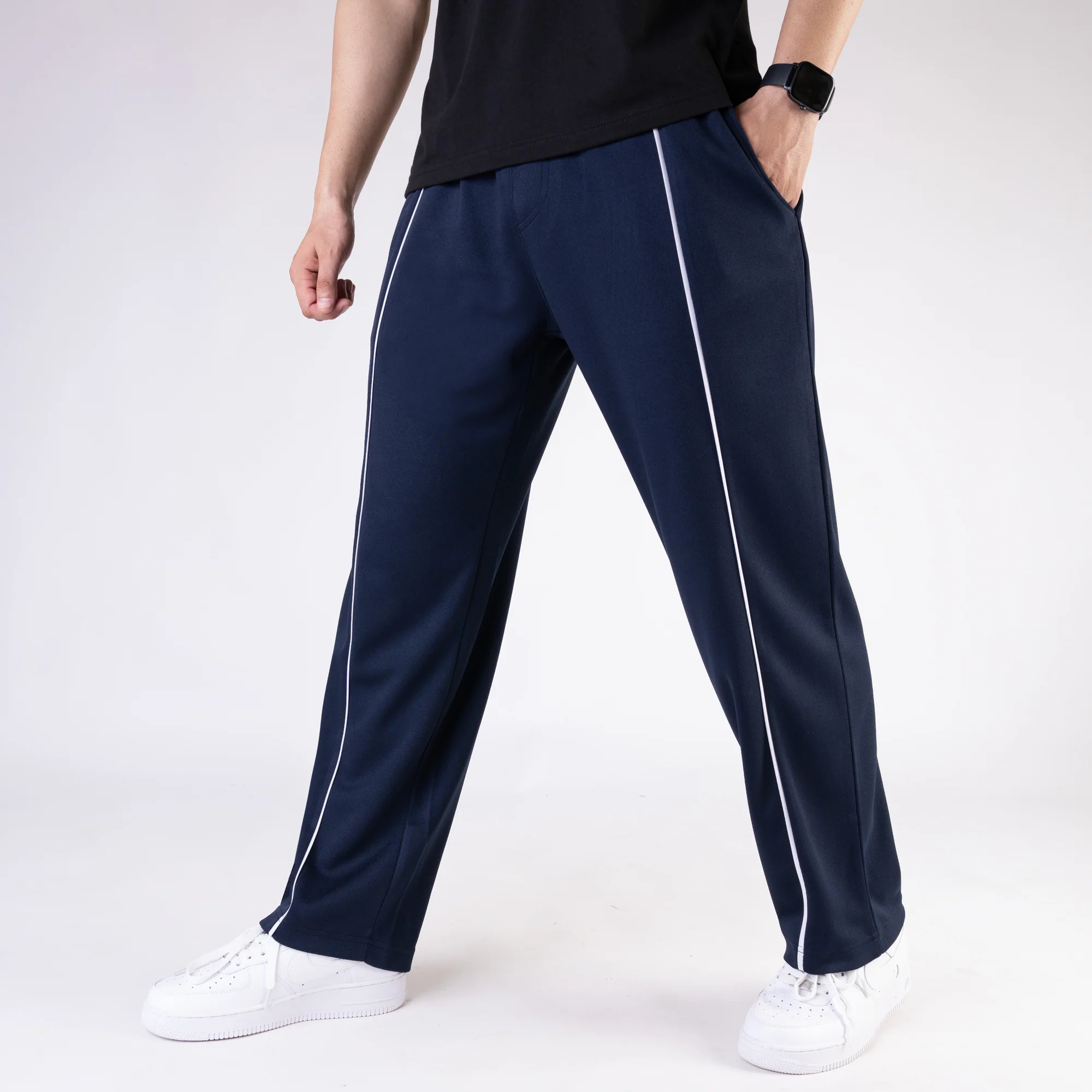 Navy Wide Leg Trouser with Front White Piping - Image 4