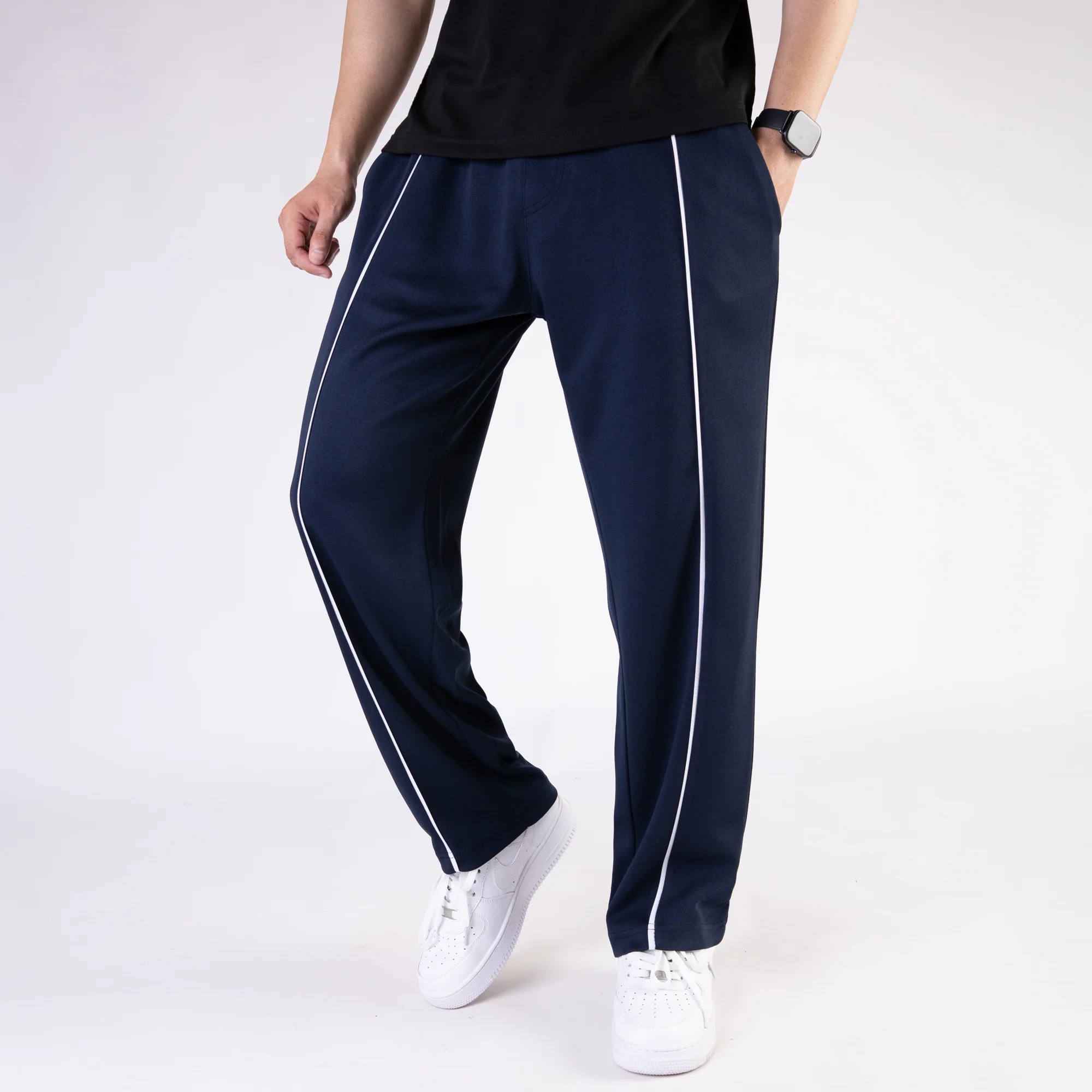 Navy Wide Leg Trouser with Front White Piping - Image 5