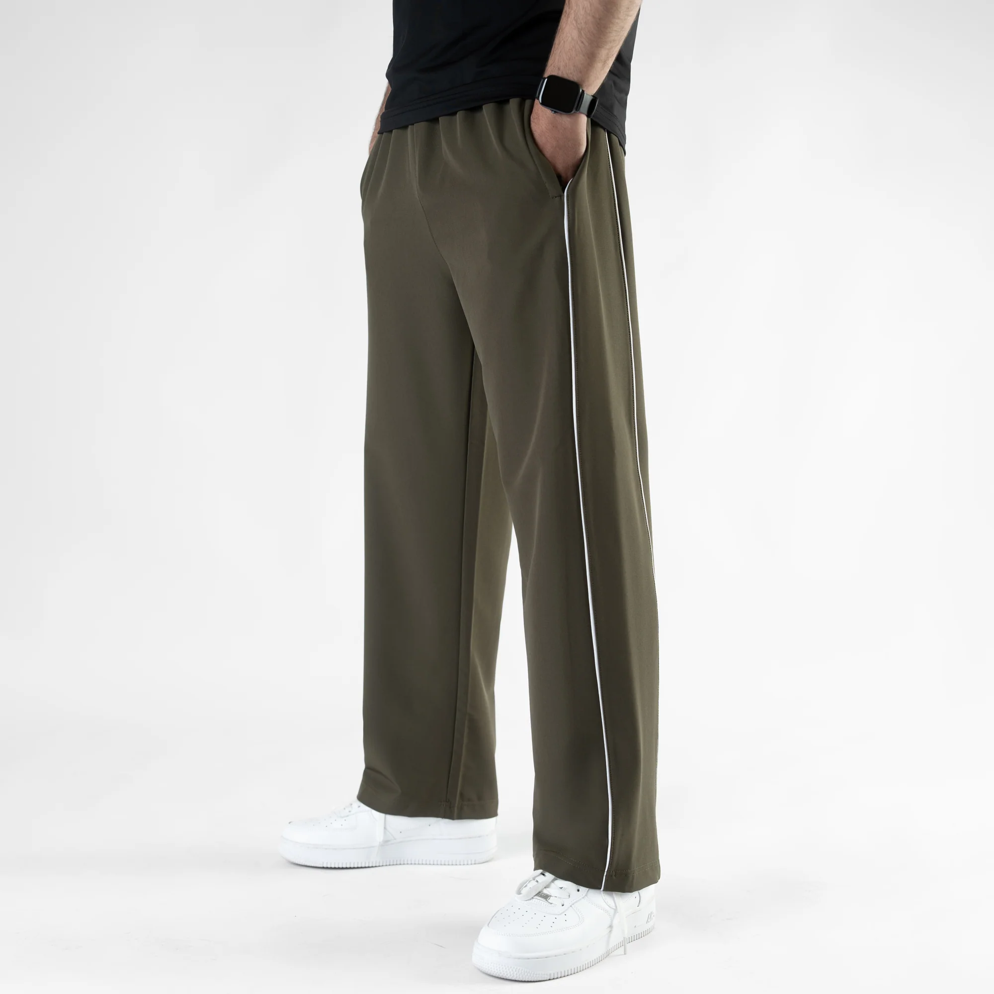 Olive Lycra Terry Double Piping Wide Leg Trousers - Image 3