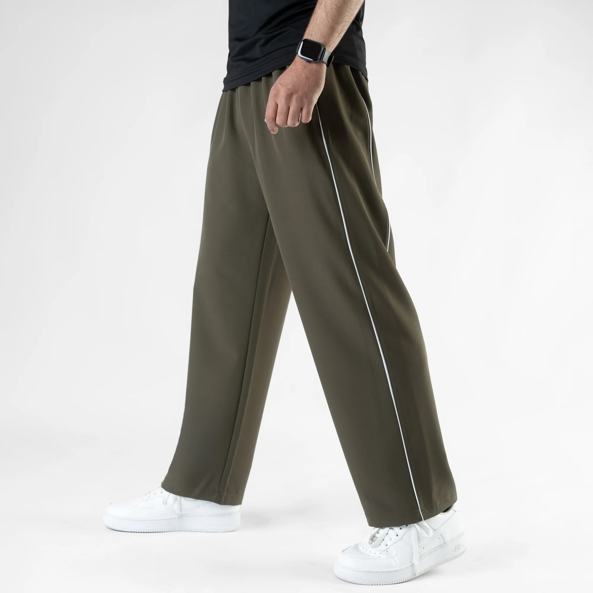 Olive Lycra Terry Double Piping Wide Leg Trousers - Image 4