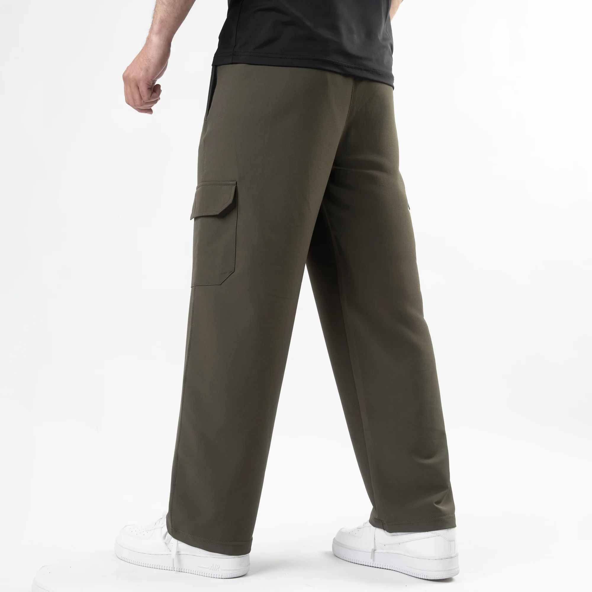 Olive Lycra Terry Wide Leg Cargo Trousers - Image 3