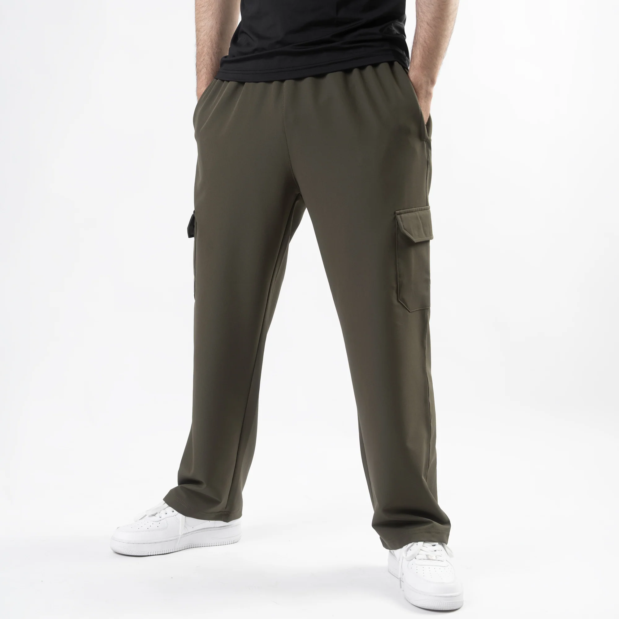 Olive Lycra Terry Wide Leg Cargo Trousers - Image 4