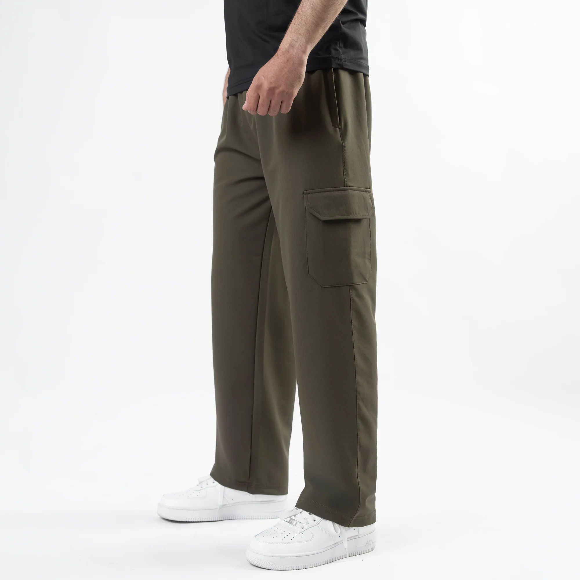 Olive Lycra Terry Wide Leg Cargo Trousers - Image 5