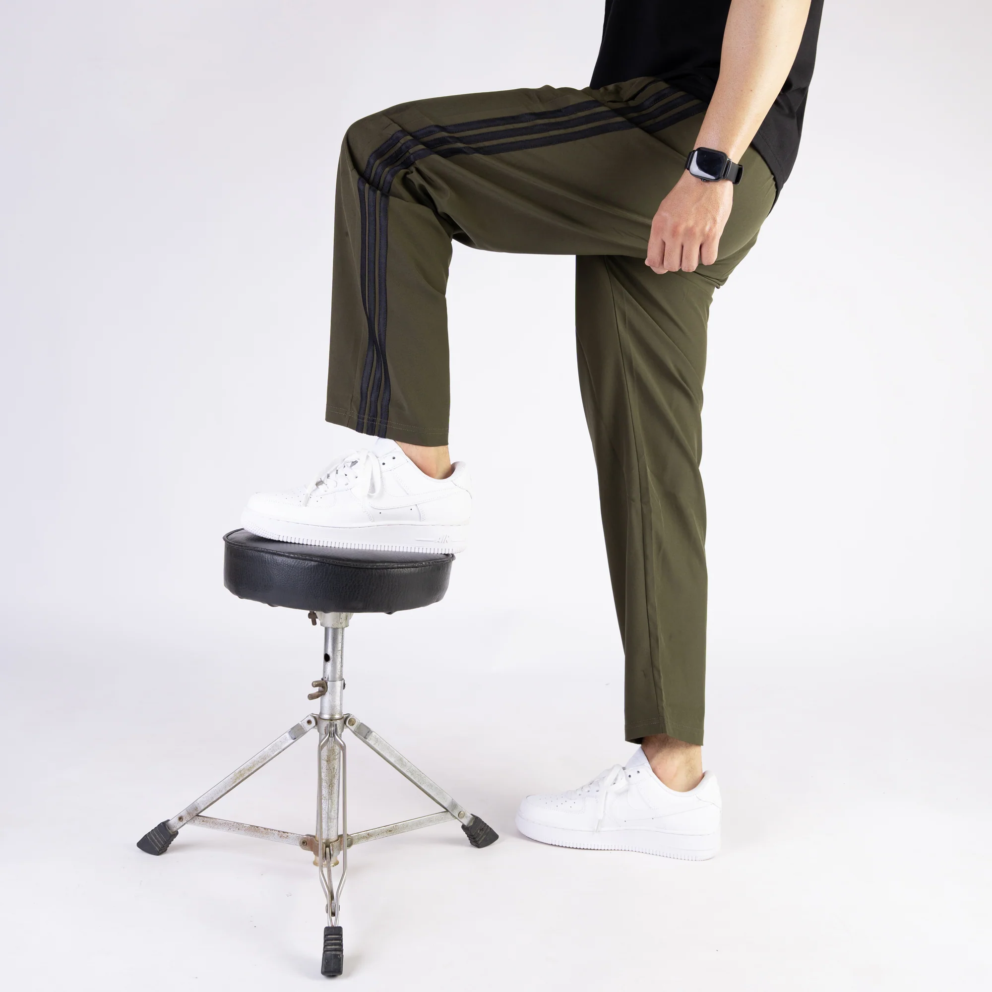 Olive Micro Relaxed Fit Trousers with Three Black Stripes - Image 3
