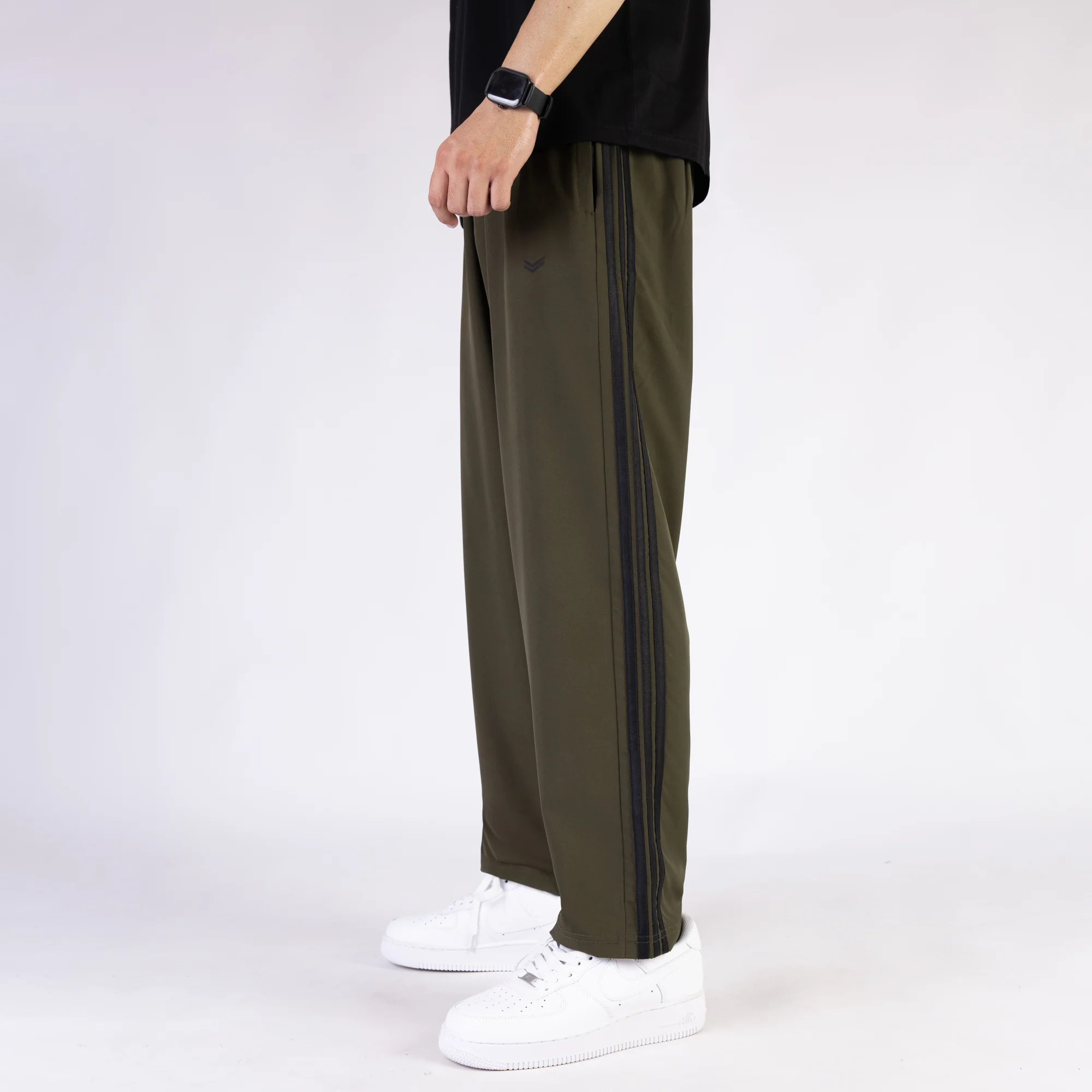 Olive Micro Relaxed Fit Trousers with Three Black Stripes - Image 4