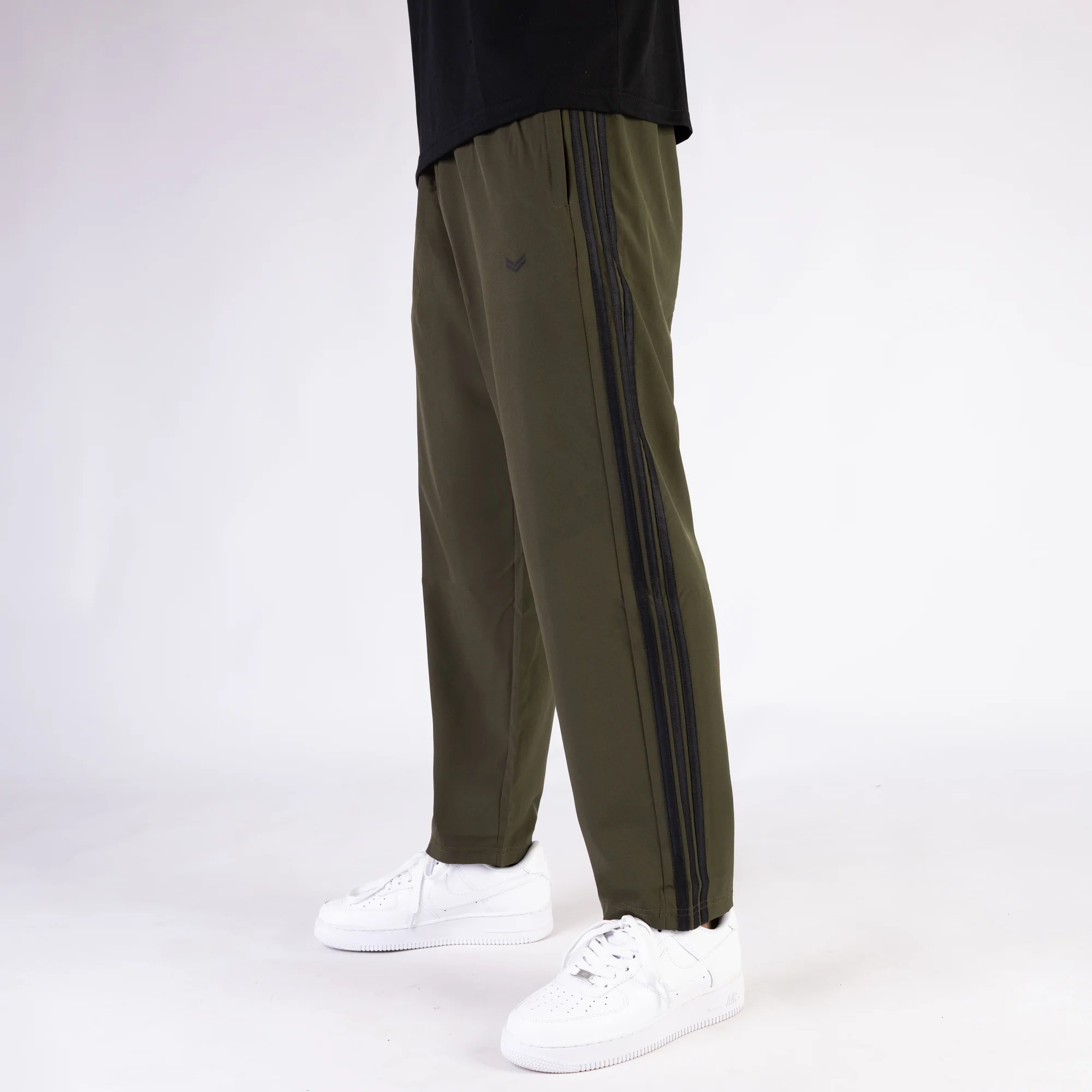 Olive Micro Relaxed Fit Trousers with Three Black Stripes - Image 5