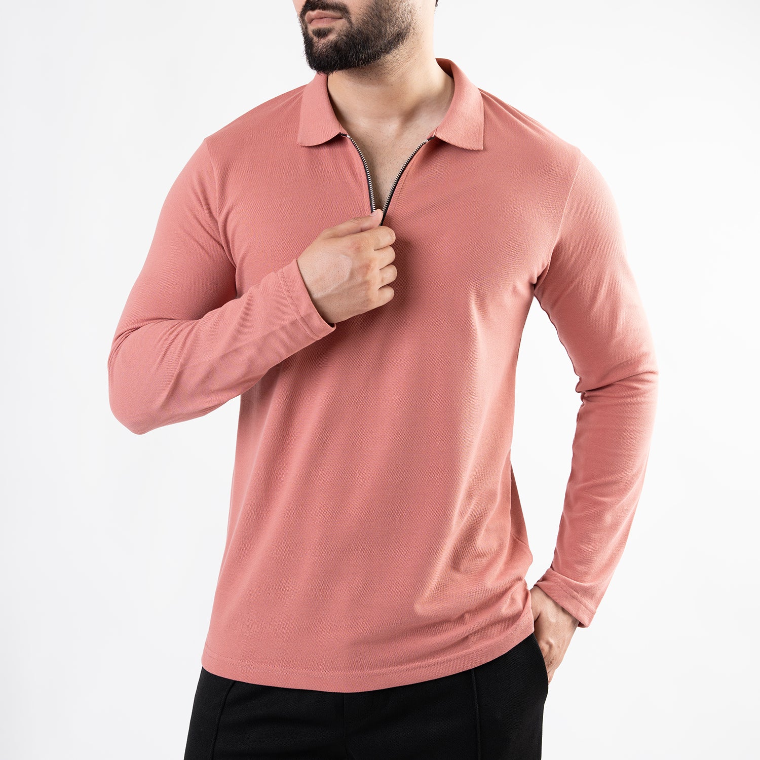 Salmon Full Sleeves Polo with Metal Zipper - Image 3