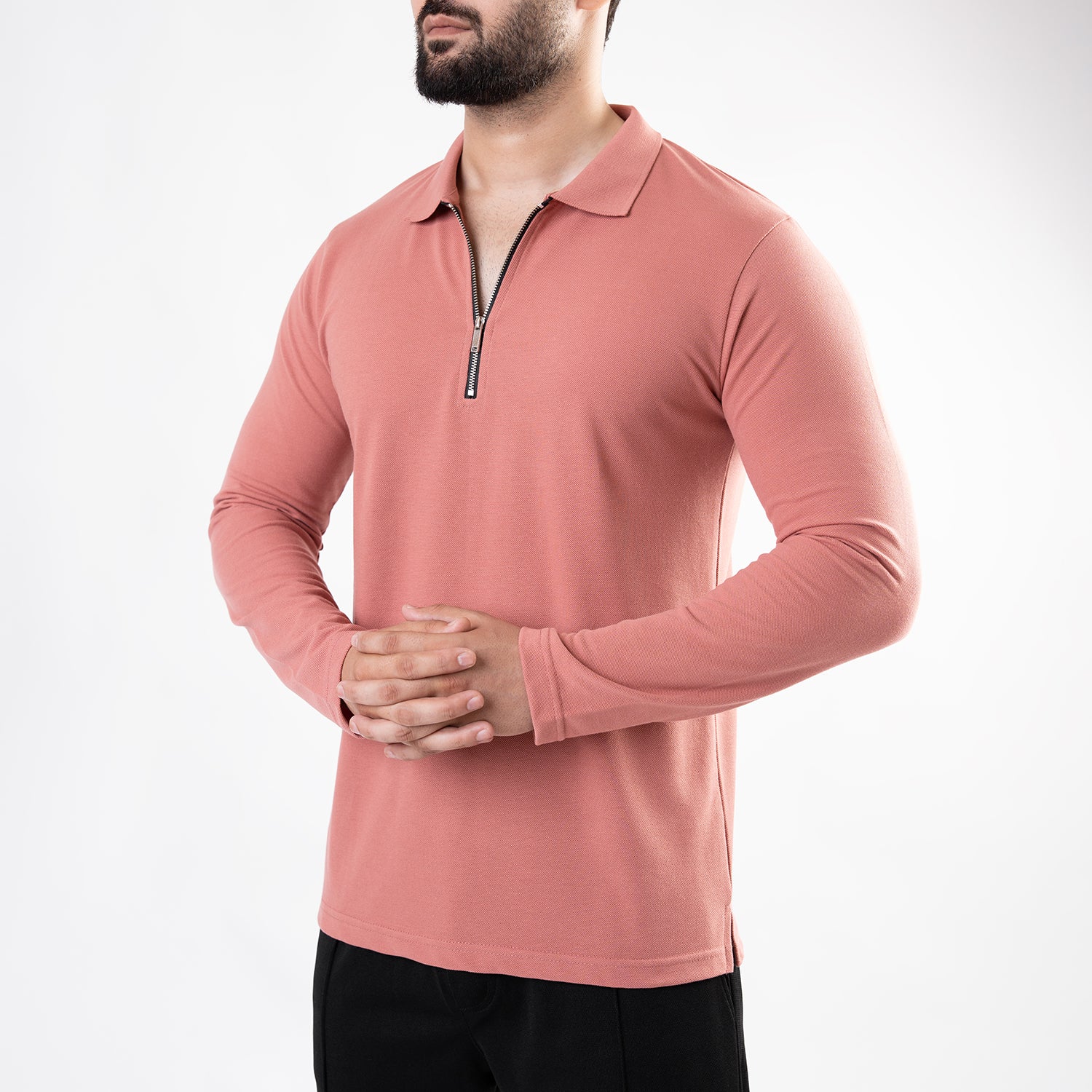 Salmon Full Sleeves Polo with Metal Zipper - Image 4