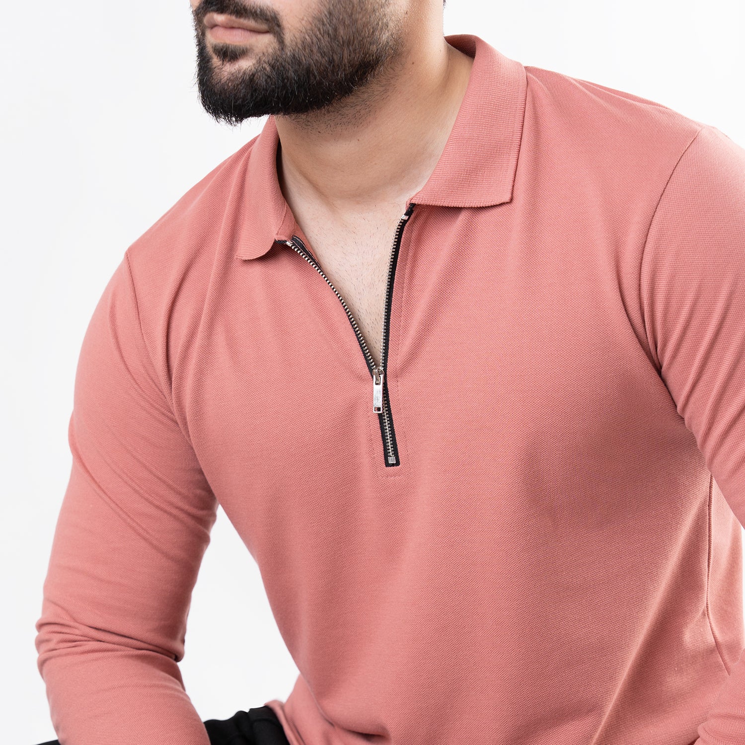 Salmon Full Sleeves Polo with Metal Zipper - Image 5