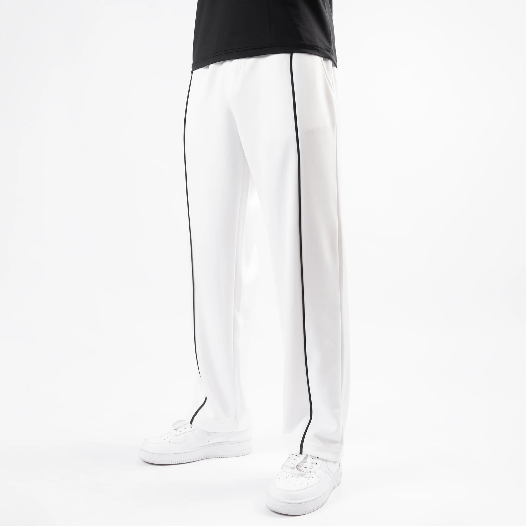 White Wide Leg Trouser with Front Black Piping - Image 4